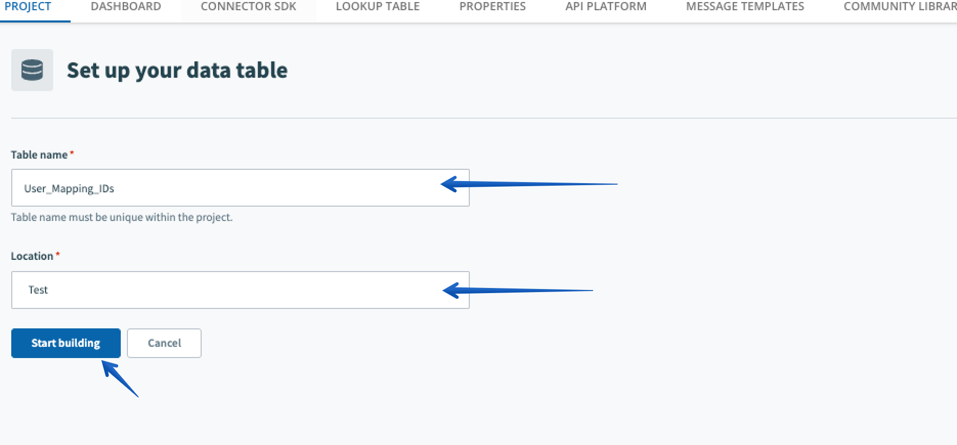 Naming the data table and choosing a location