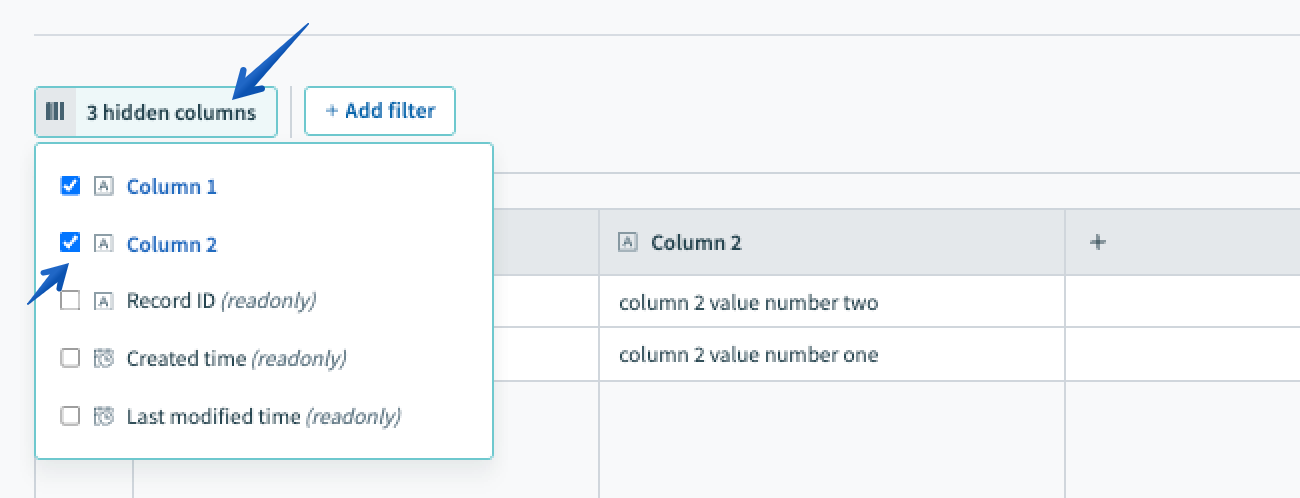 Pressing the hidden columns button to change the visibility of columns