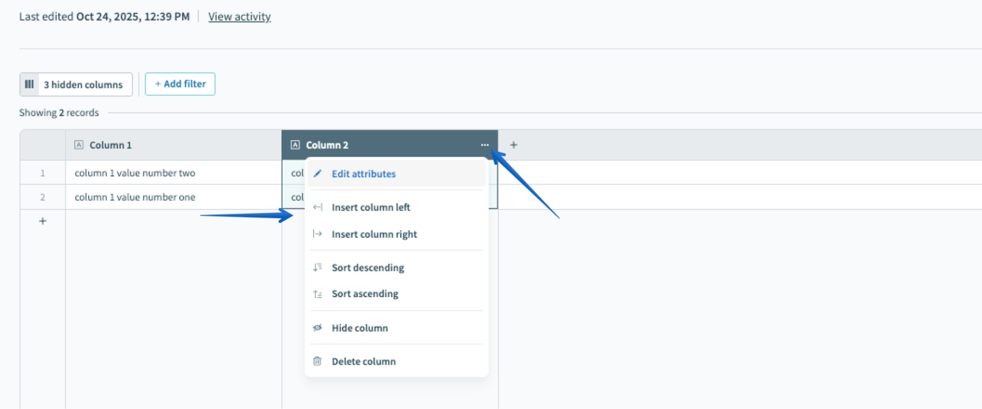 Inserting columns to the left or right