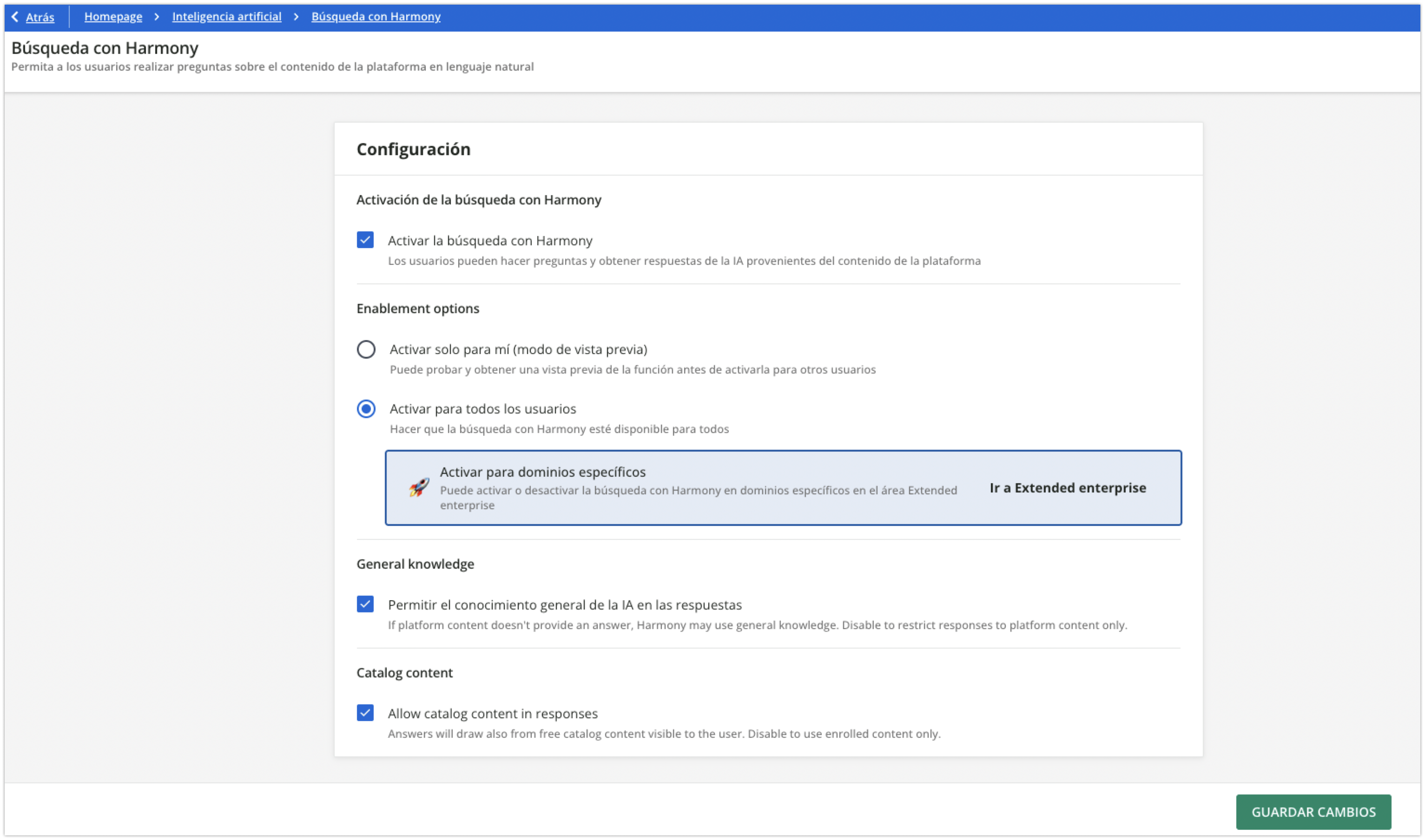 Áera de configuración de la búsqueda con Harmony
