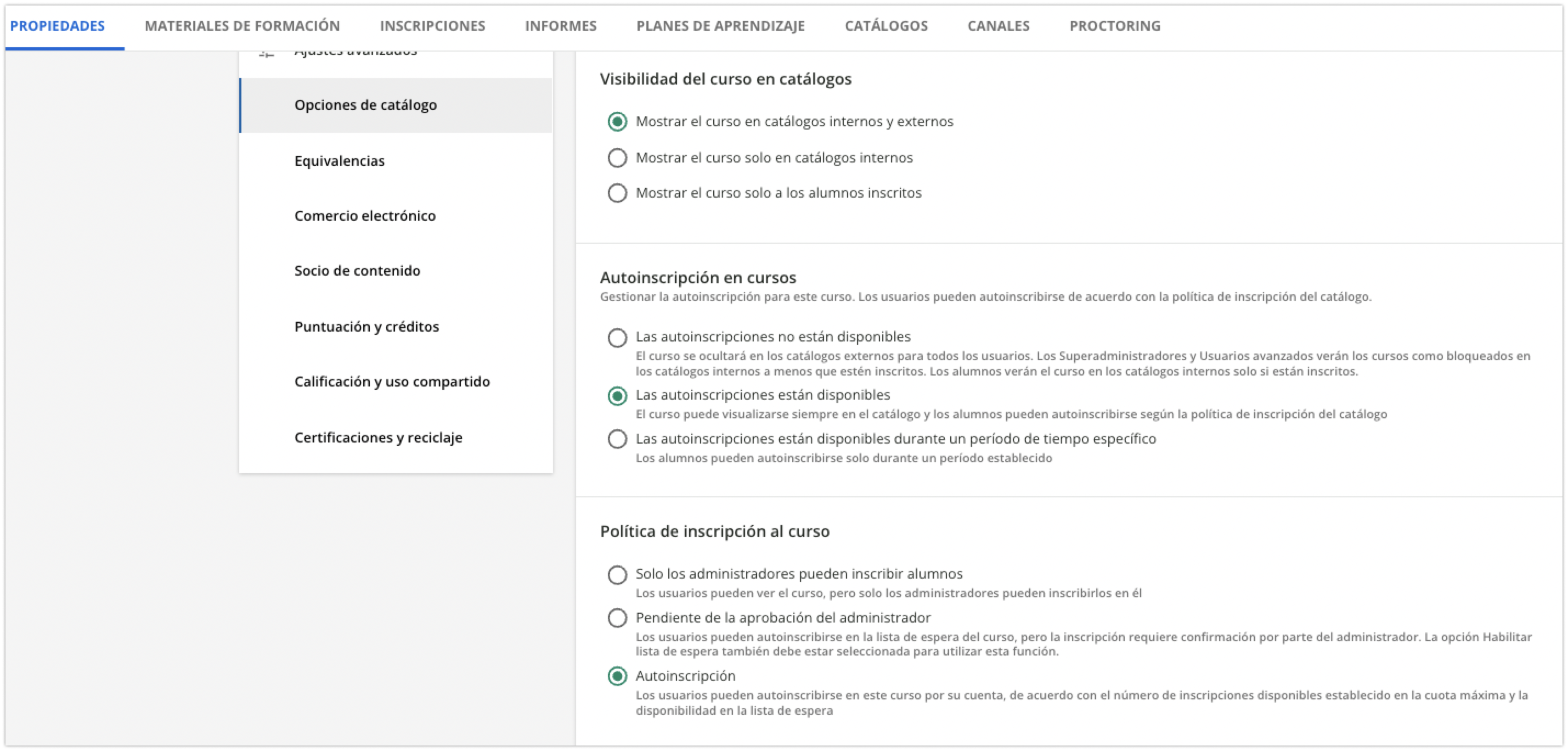 Opciones de catálogo de un curso