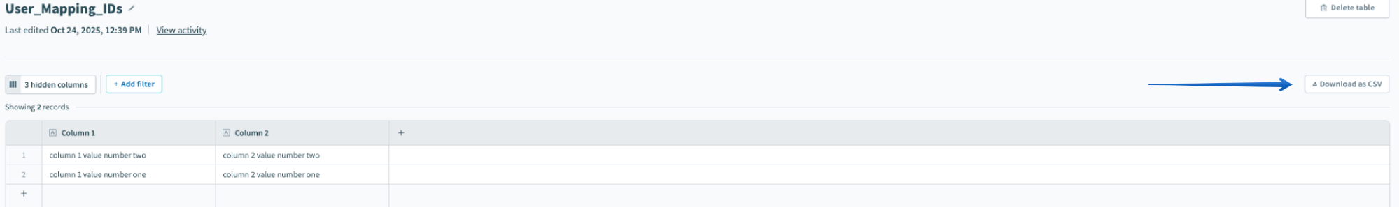 Descarga de los datos de la tabla en formato CSV