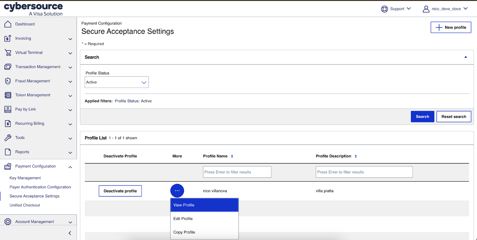 Configuración de aceptación segura de Cybersource