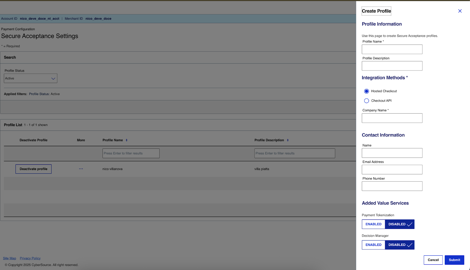Creación de un perfil en Cybersource
