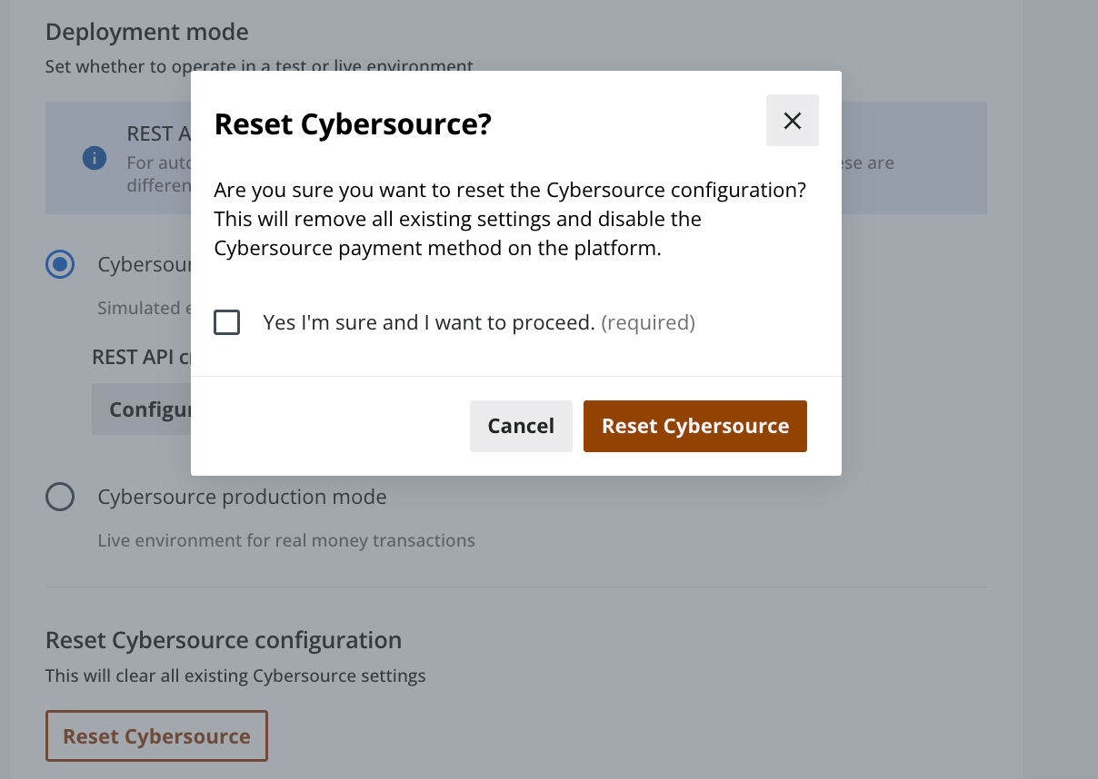 Restablecimiento de la configuración de Cybersource
