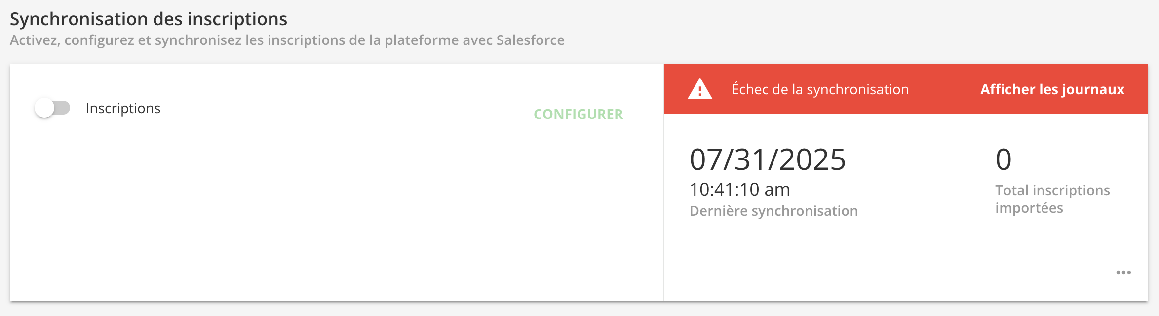 Le statut de sycnchronisation tel qu'affiché dans l'espace Synchronisation des inscriptions.