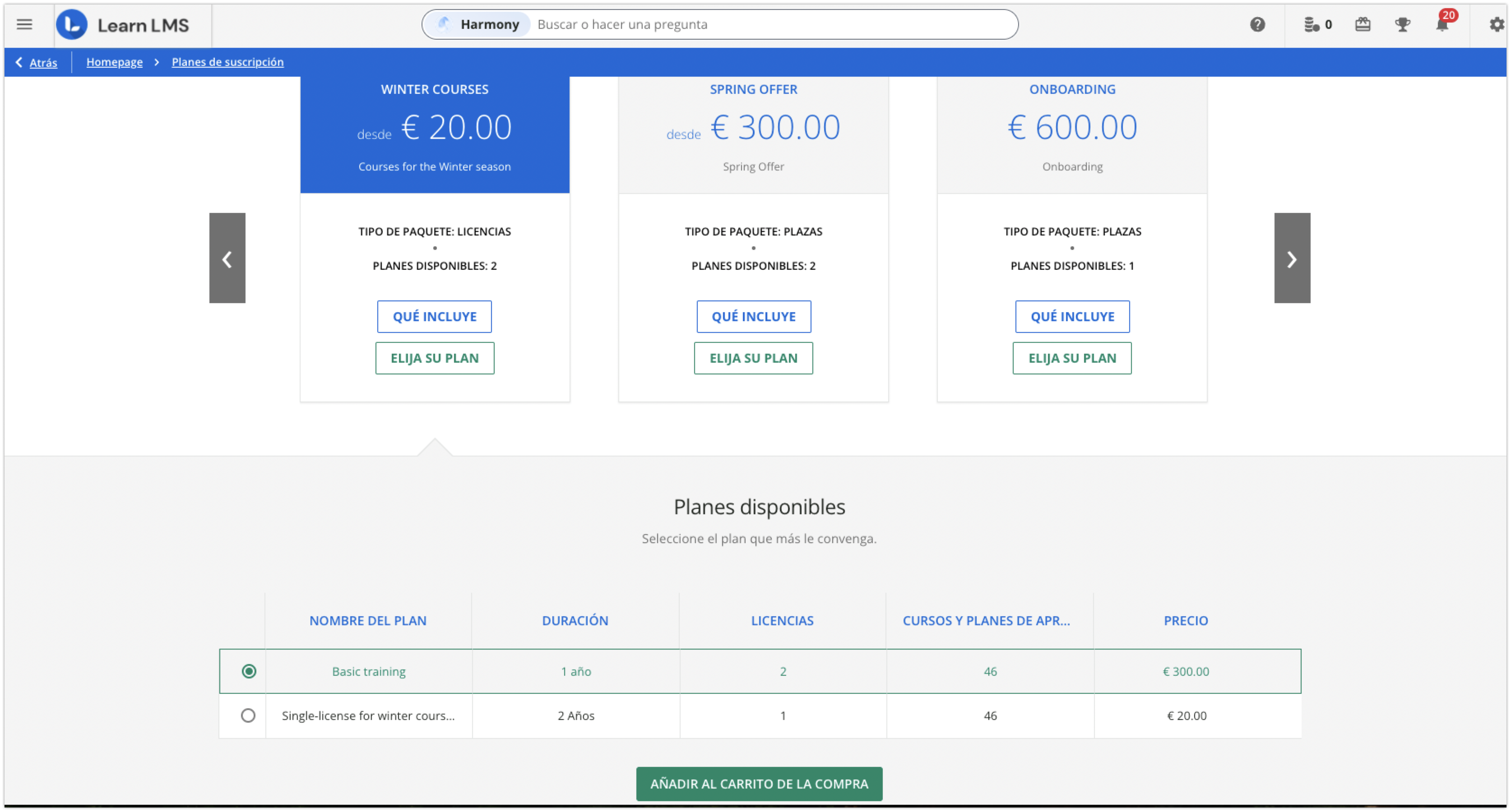 Selección de un plan de suscripción que comprar