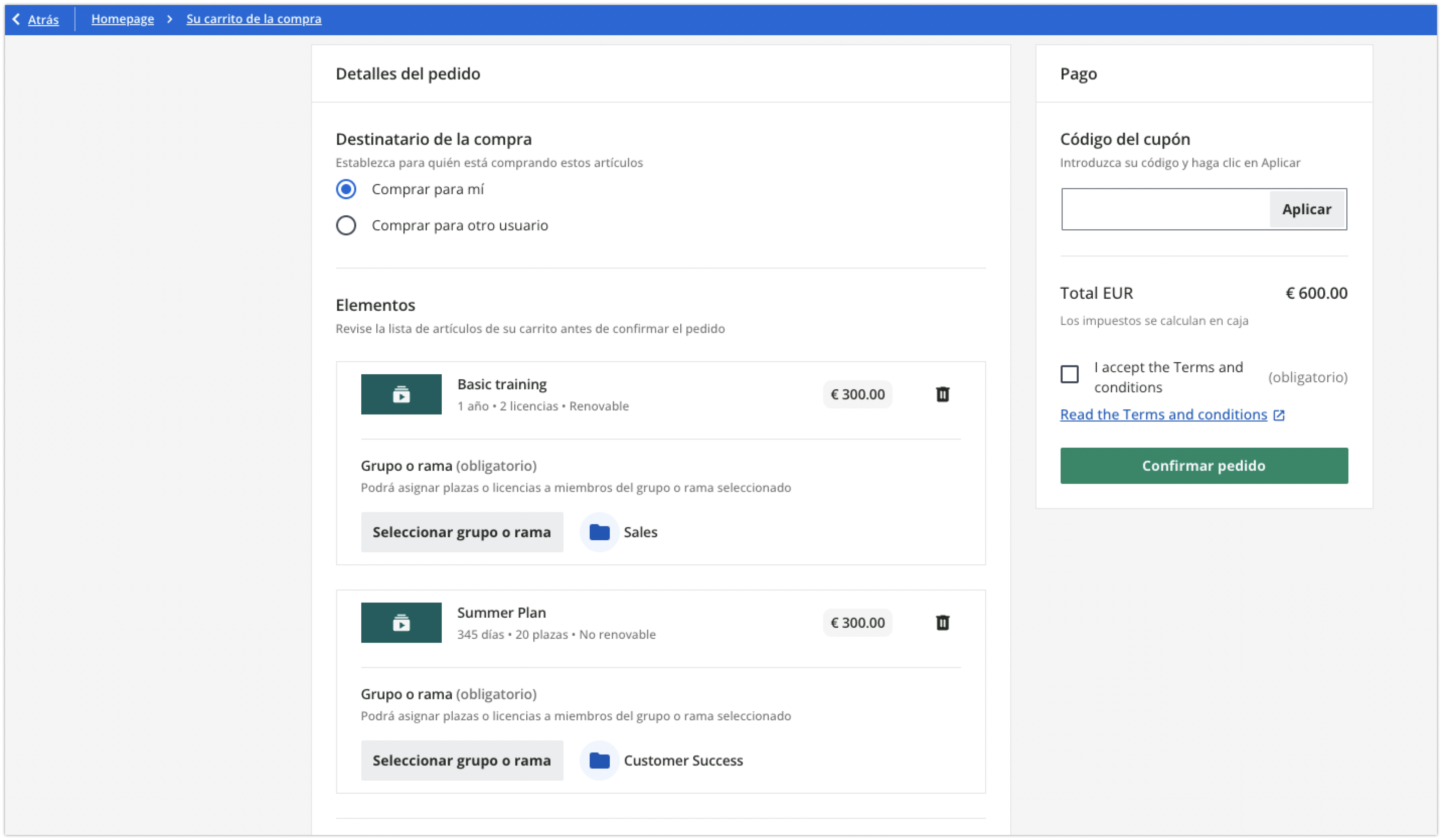 Vista del carrito de la compra con planes de suscripción