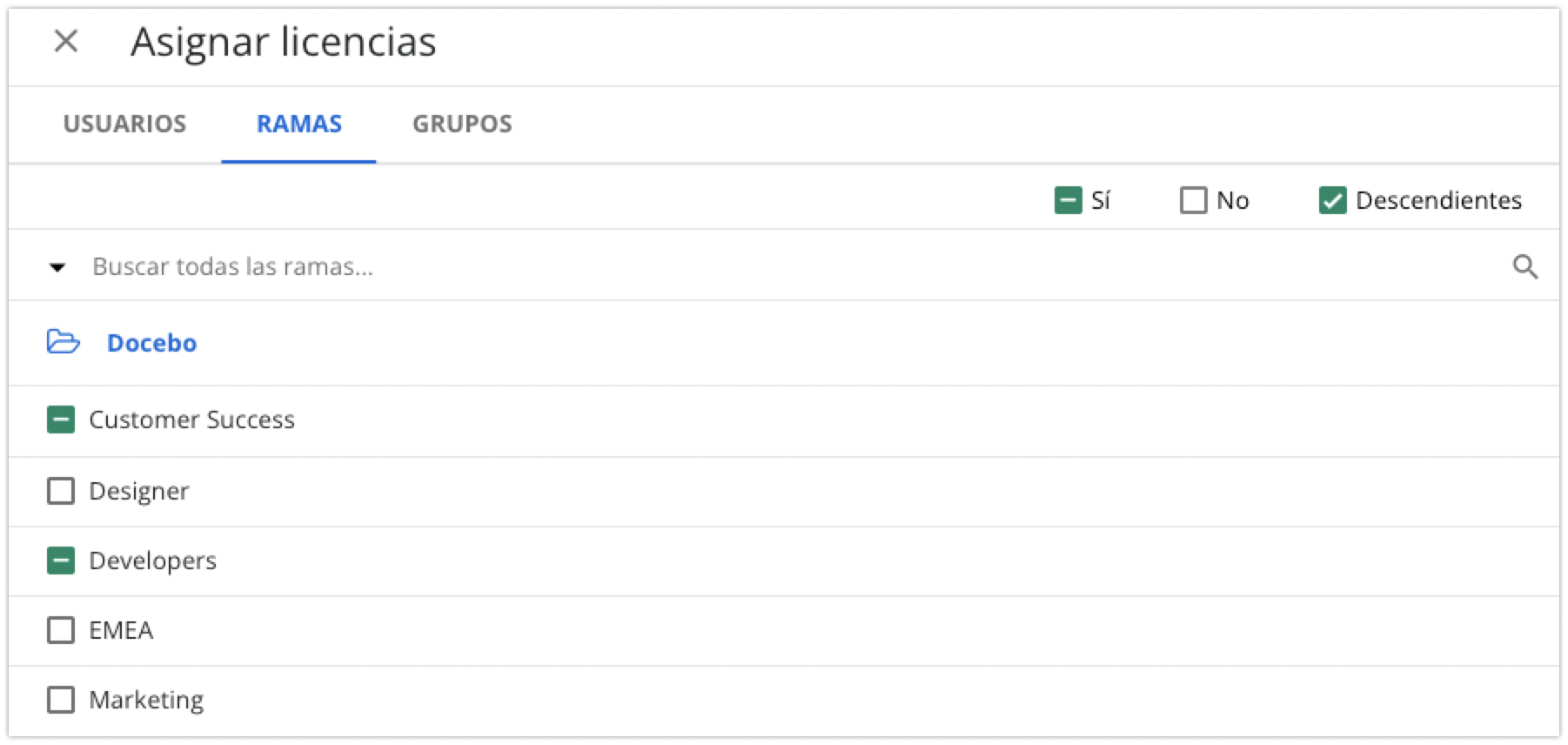 Panel Asignar licencias
