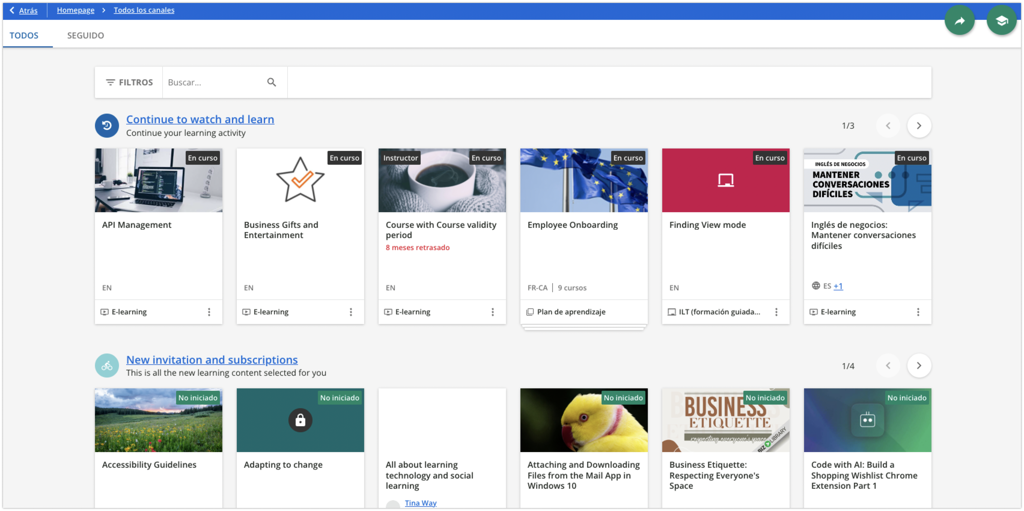 Página Todos los canales