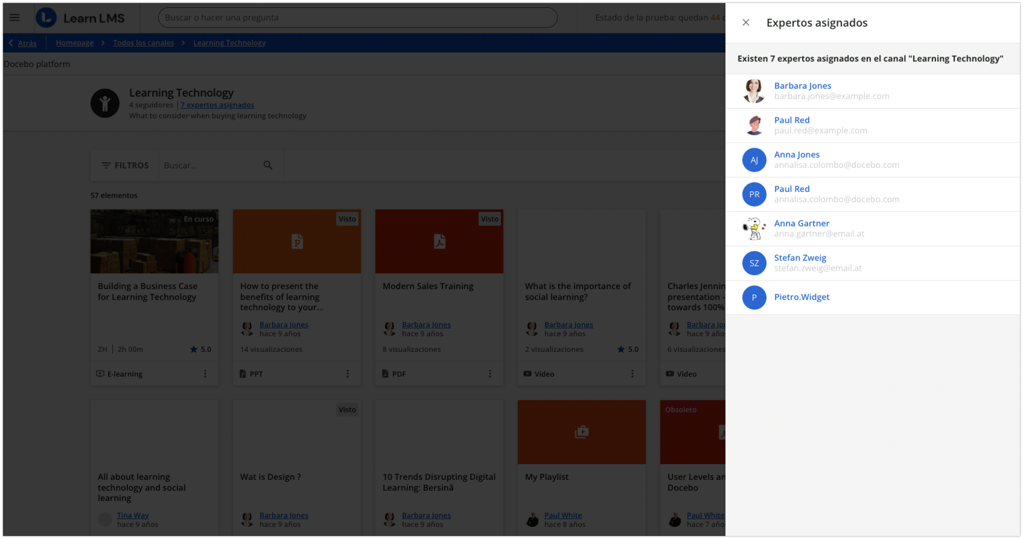Expertos asignados a un canal