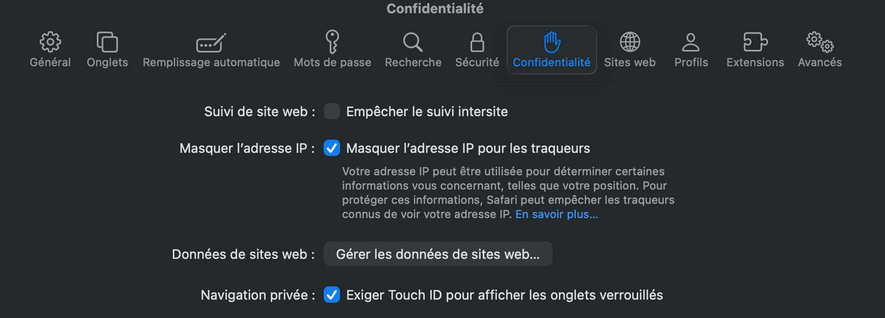 Les options de confidentialité de Safari.