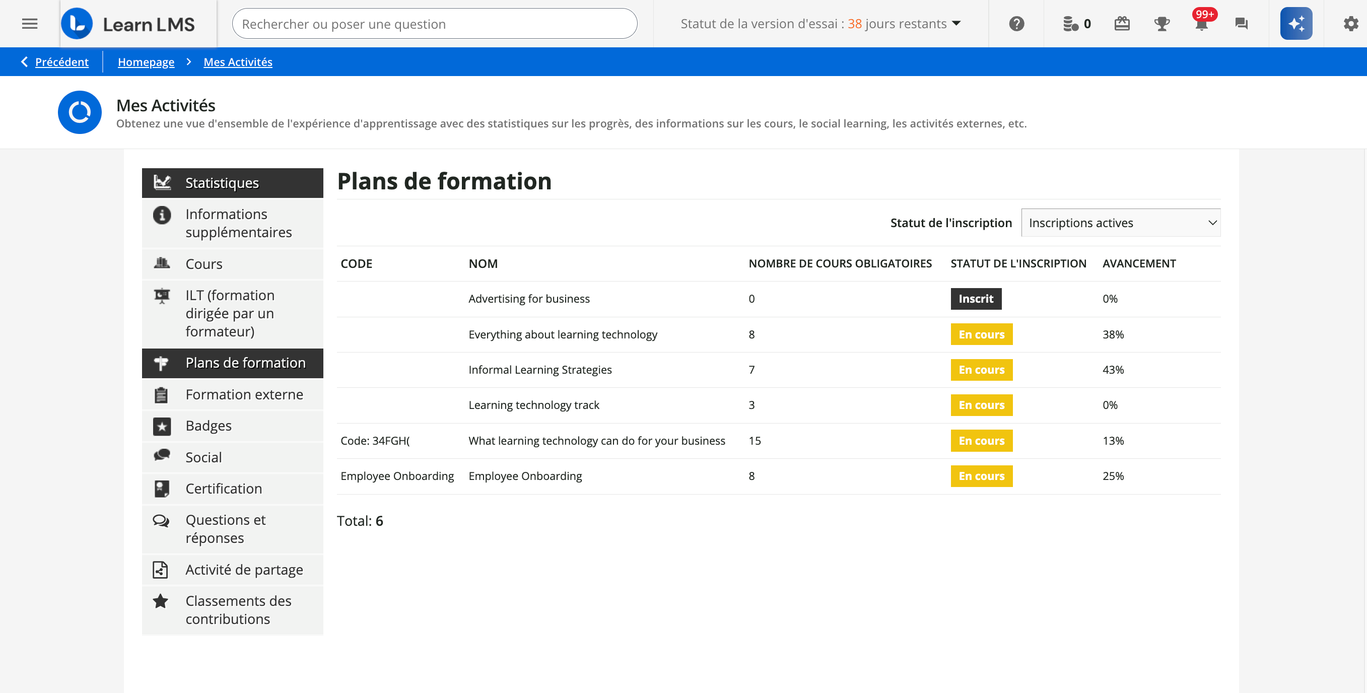 La section Plans de formation.