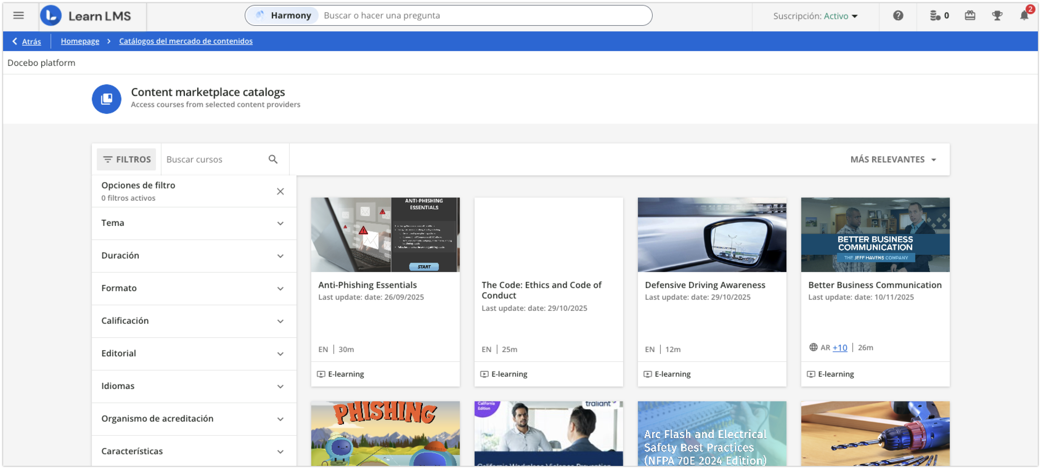 Página Catálogos del mercado de contenidos