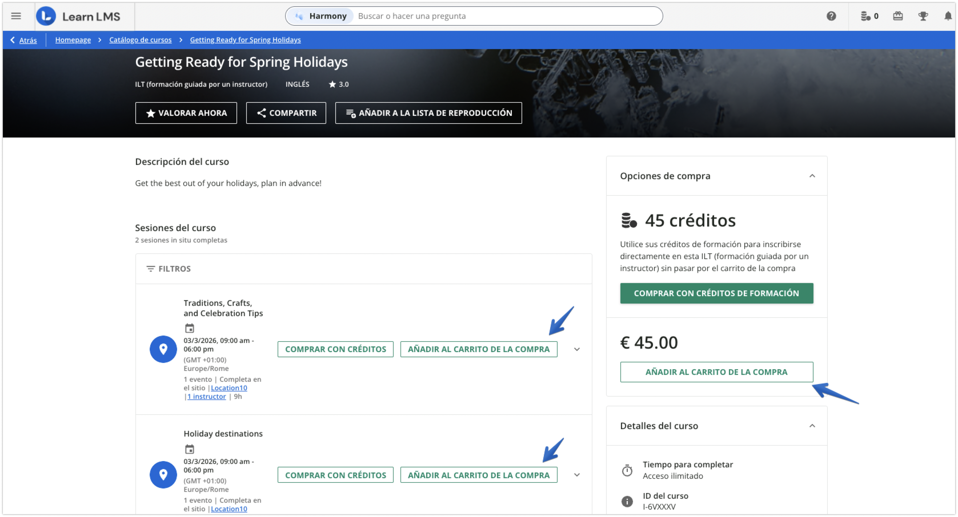 Opciones de compra de un curso con sesiones