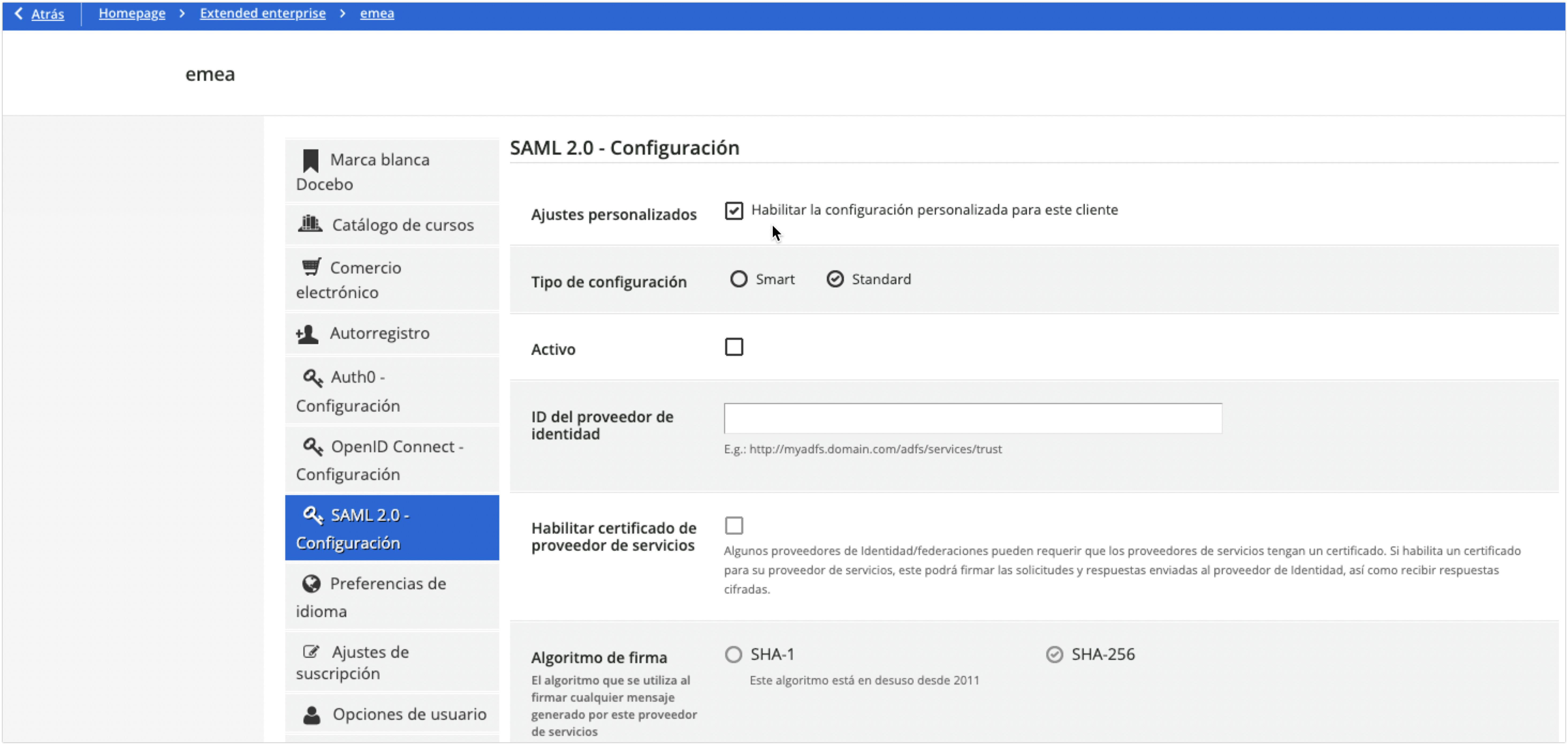 Configuración de SAML 2.0 en Extended enterprise