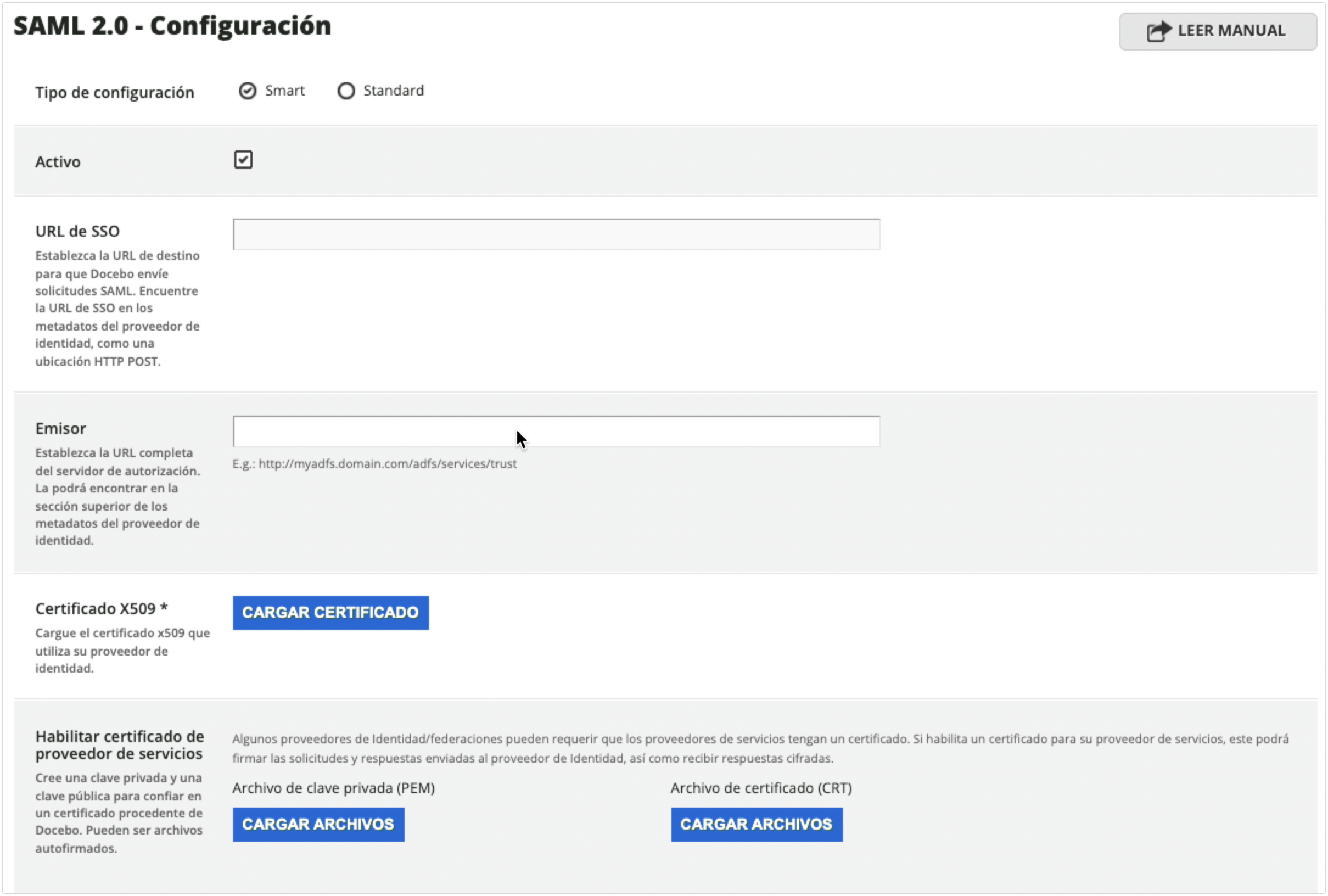 Configuración SAML Smart, primera parte de los ajustes