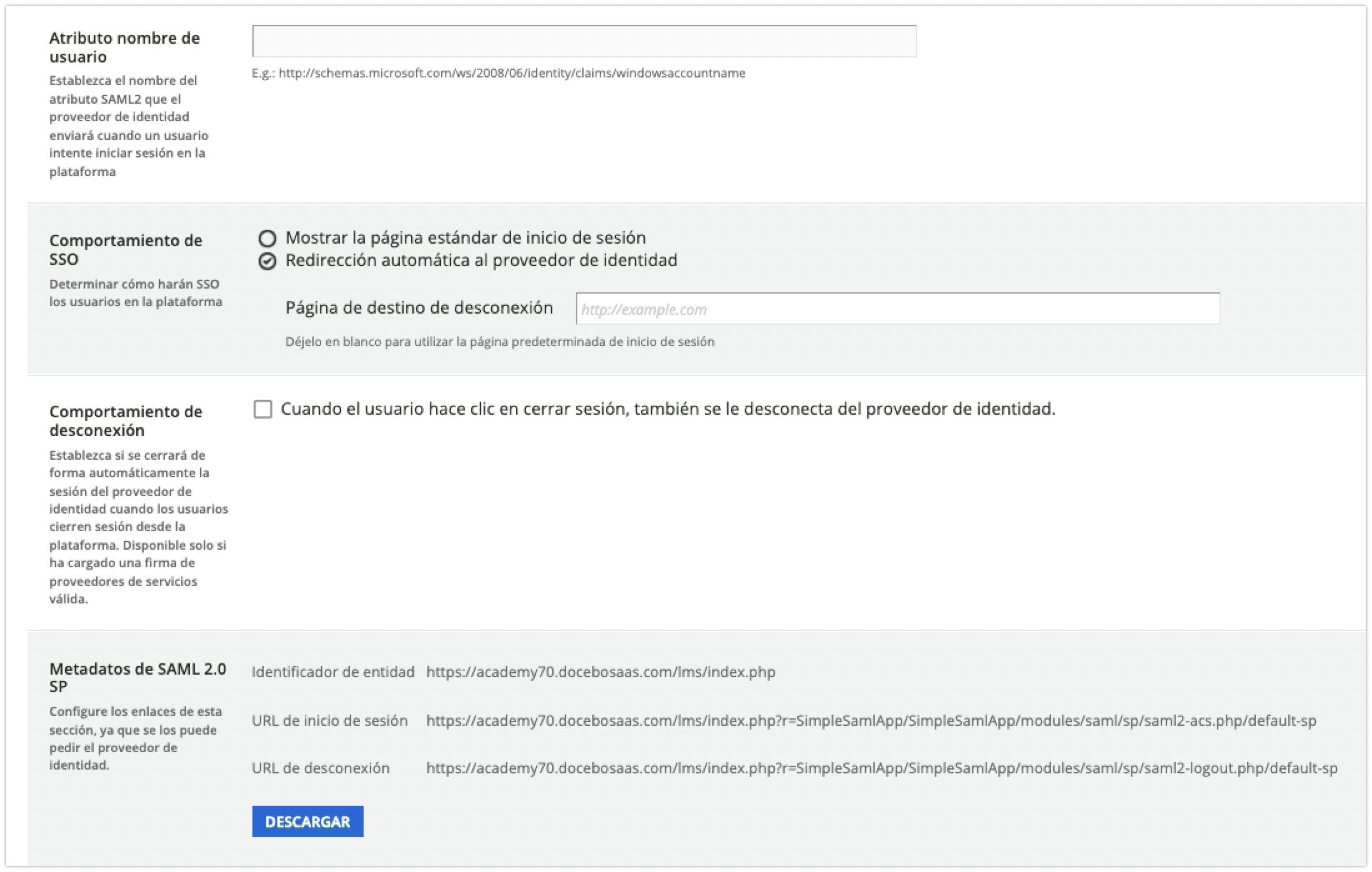 Configuración SAML Smart, segunda parte de los ajustes