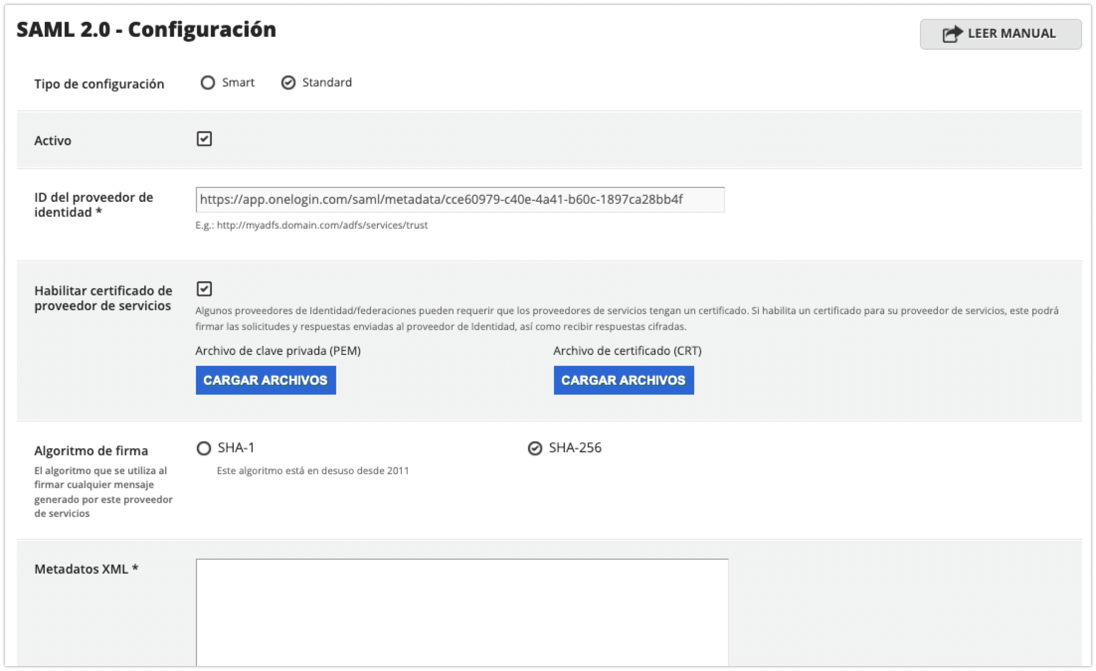 Configuración SAML Standard, primera parte de los ajustes