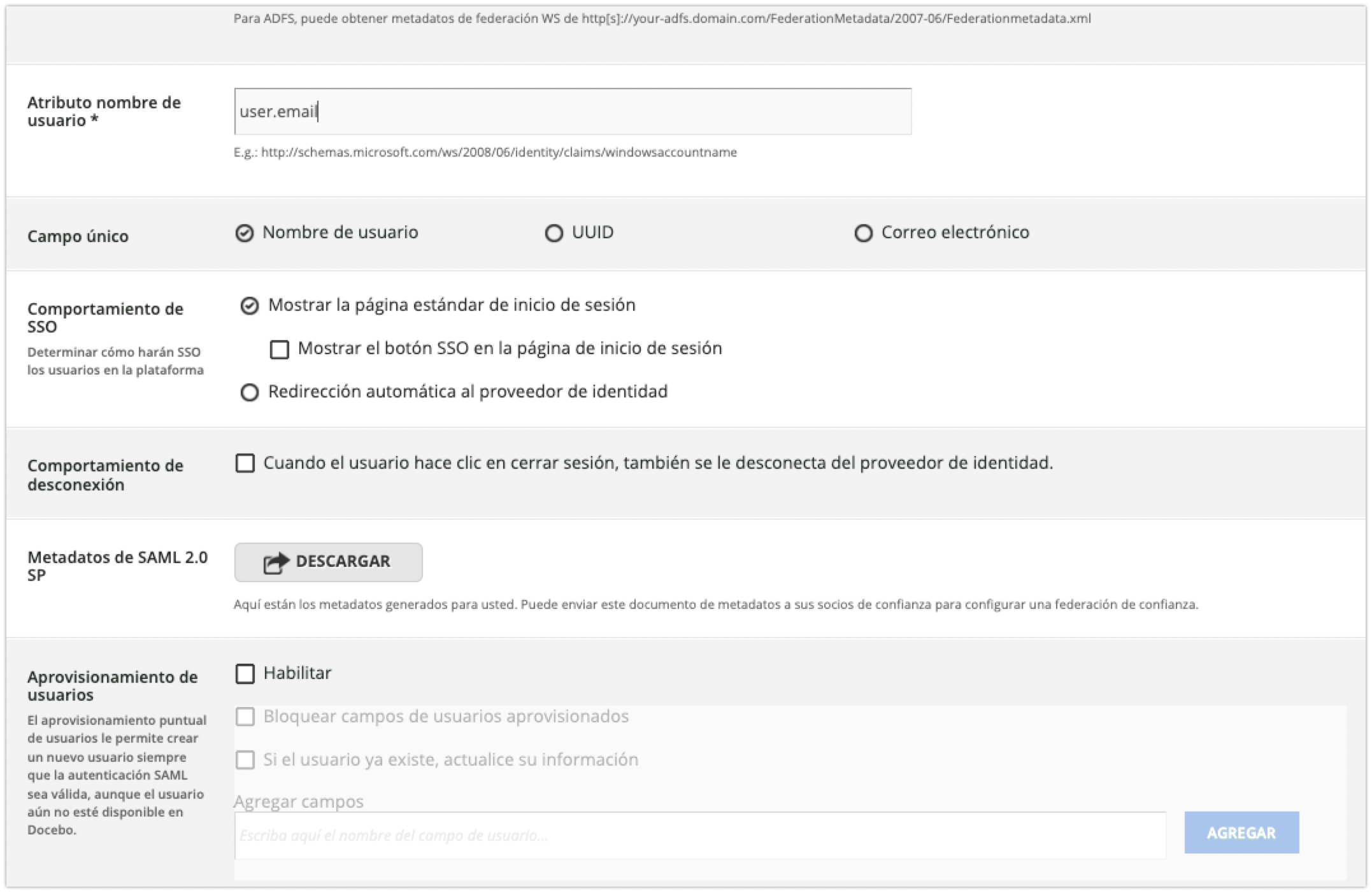 Configuración SAML Standard, segunda parte de los ajustes