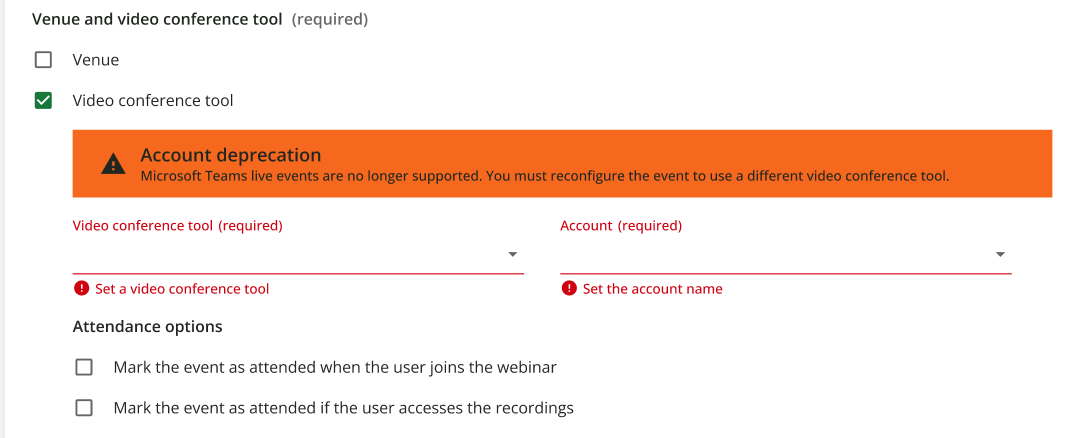 Error al seleccionar el tipo Evento