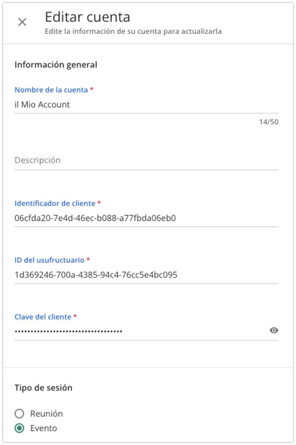 Área Editar cuenta