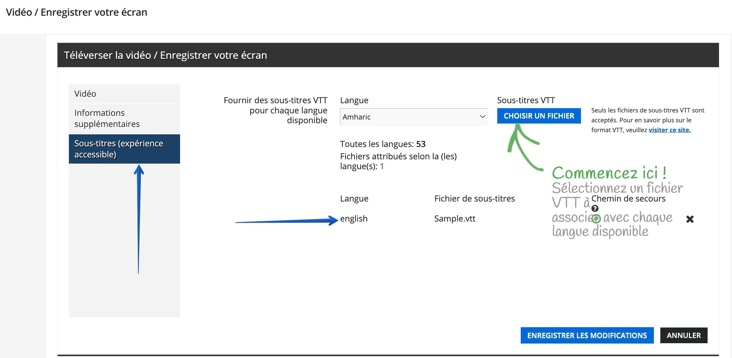 Configurer les sous-titres dans les paramètres de la vidéo.