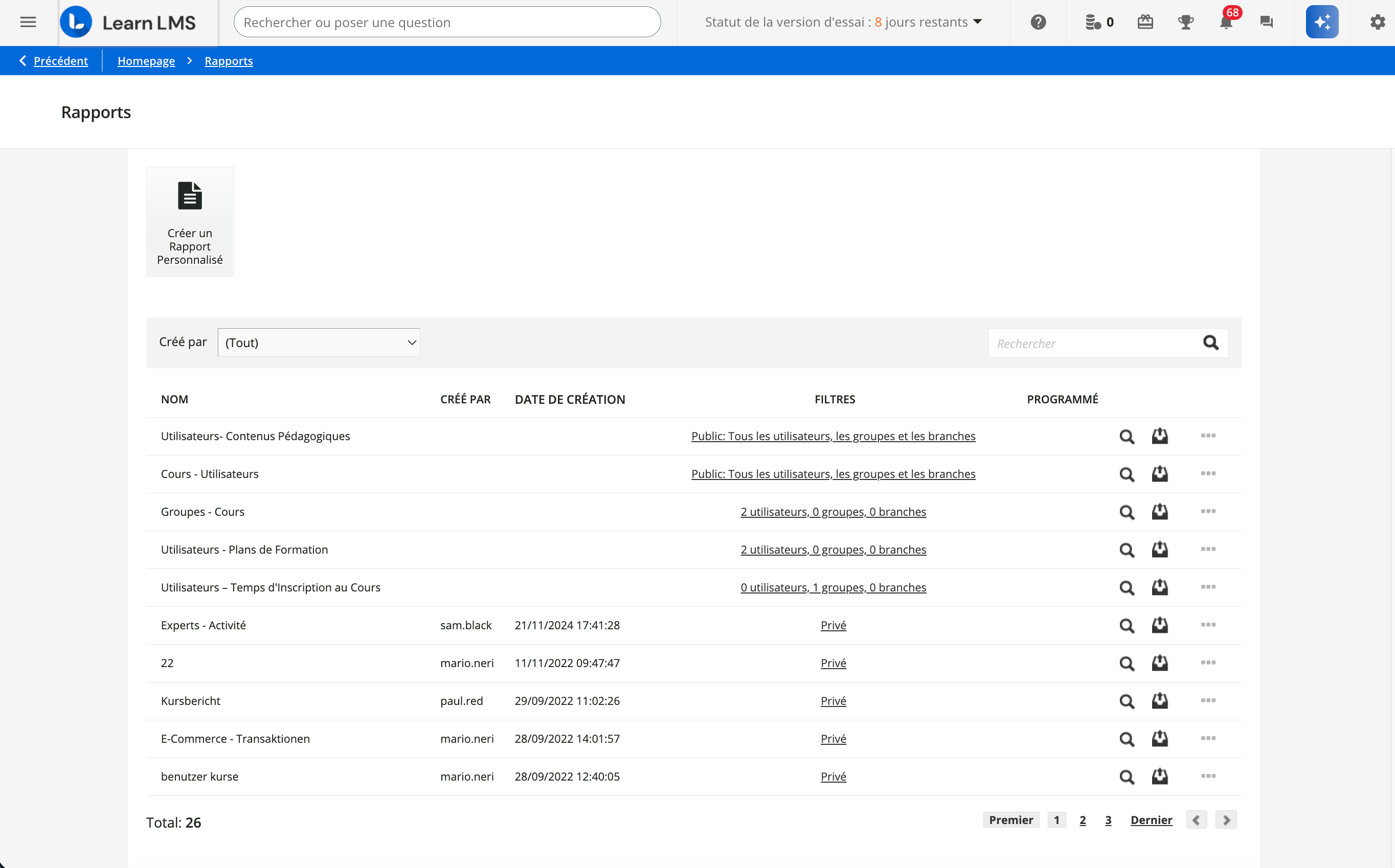 Liste des rapports standard.