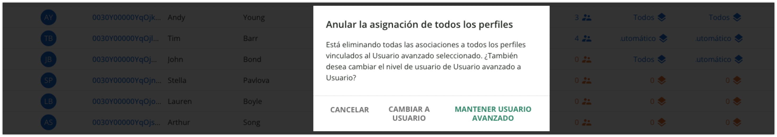 Anular la asignación de todos los perfiles