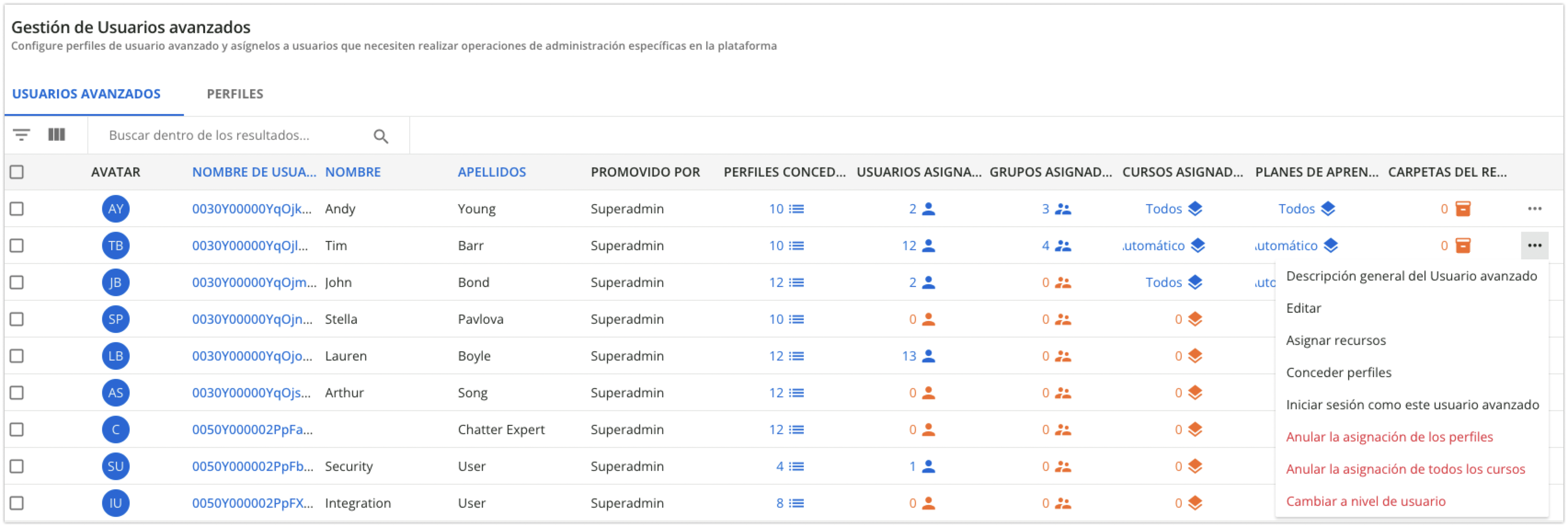 Opción de anular la asignación de todos los cursos