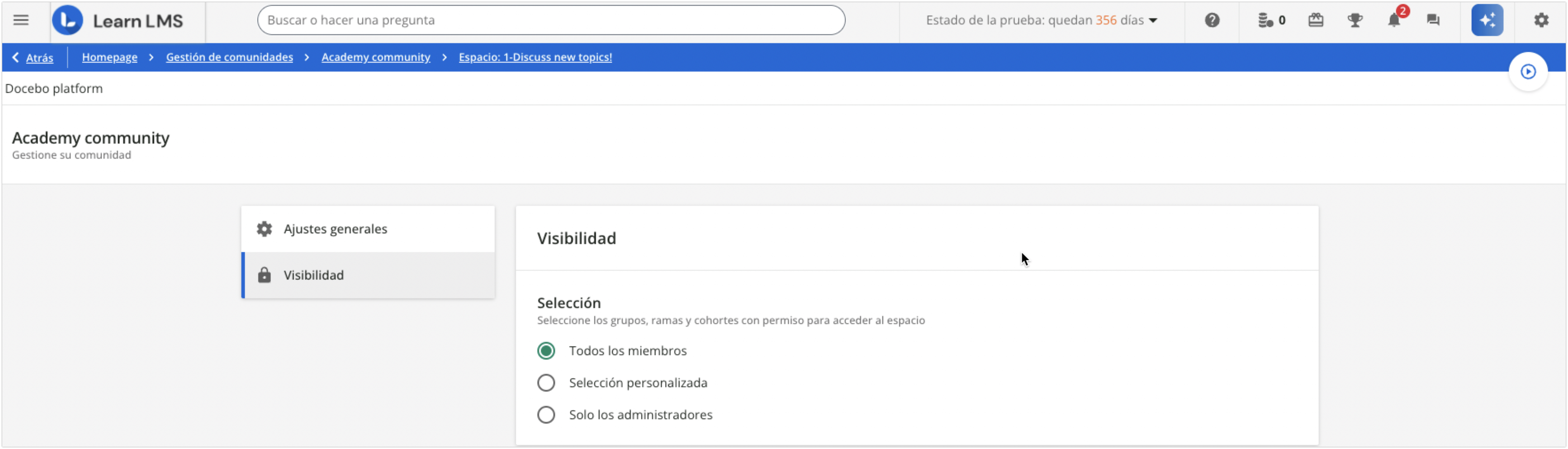 Selección de la visibilidad del espacio