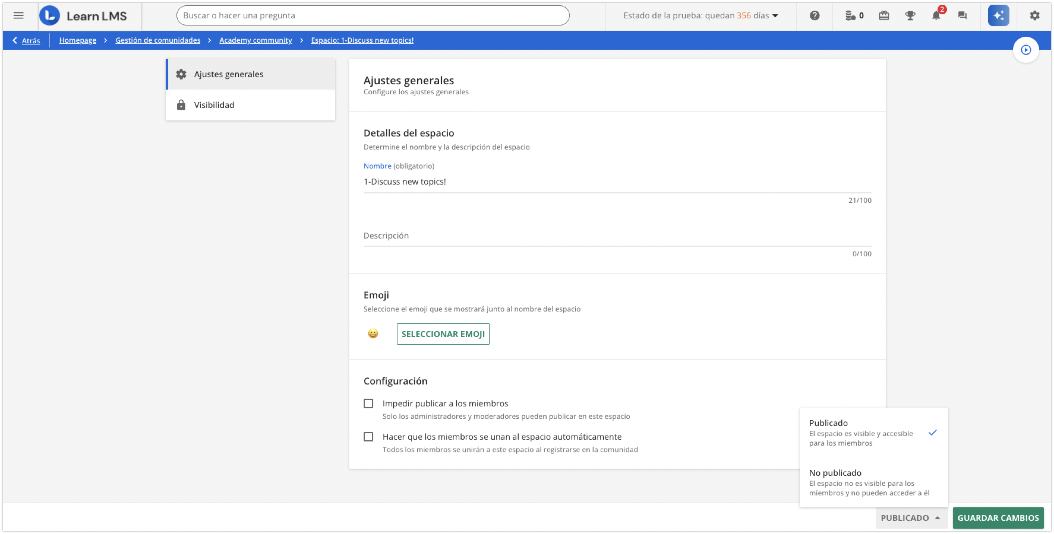 Estado de publicación del espacio