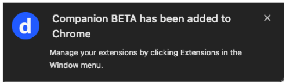 Notification showing that Compaion Beta has been added to chrome