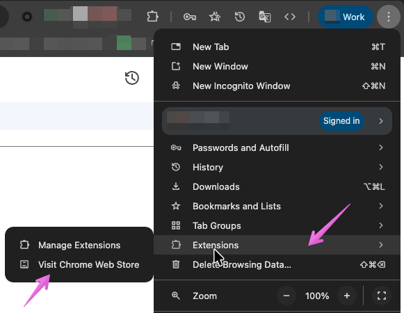 Pressing the browser menu, selecting extensions and choosing Visit Chrome Web Store