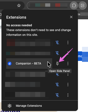 Pressing the pin icon to pin the Companion extension to the browser menu