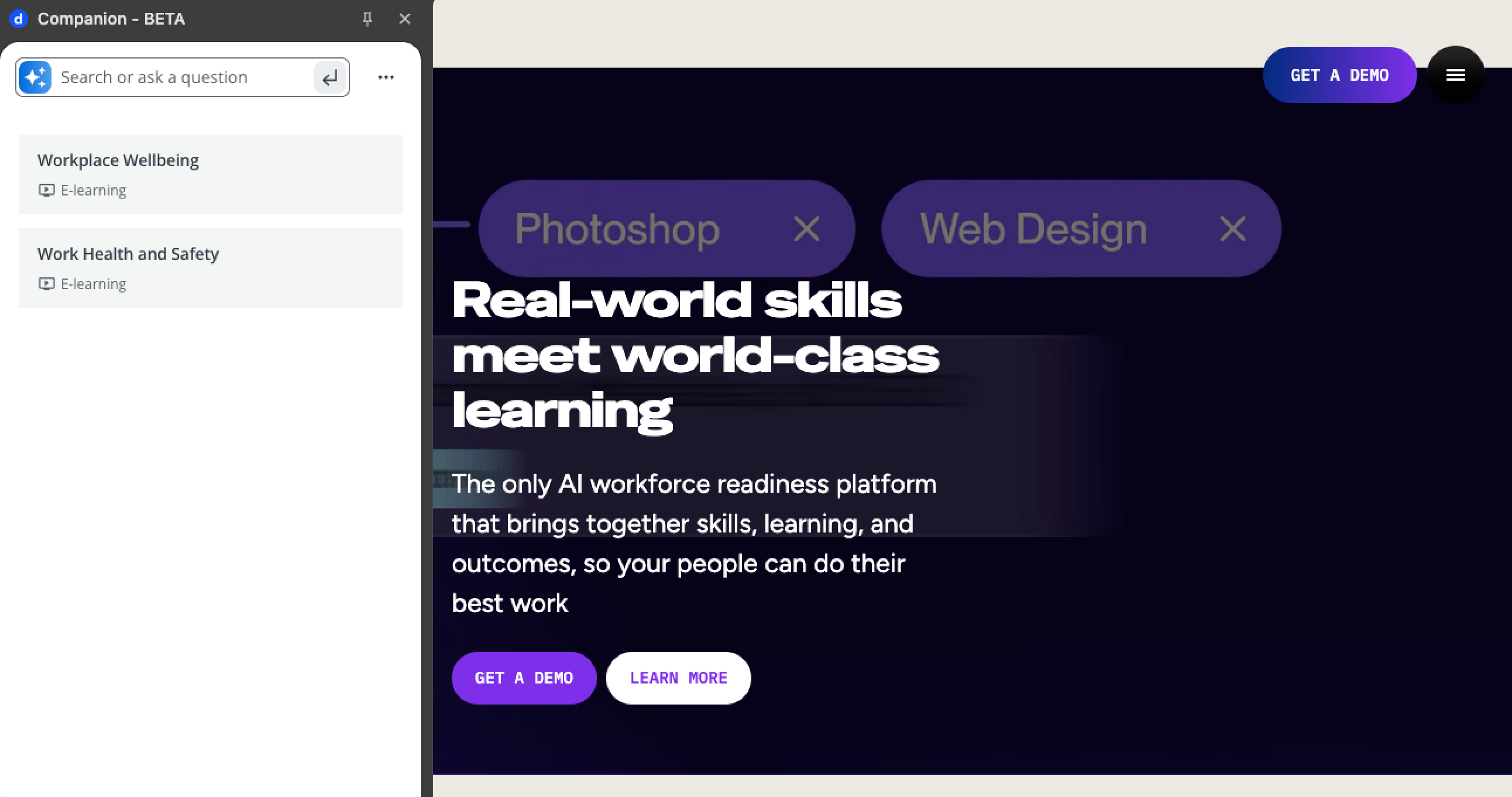 Companion showing the content assigned to the visited site in the side-bar.