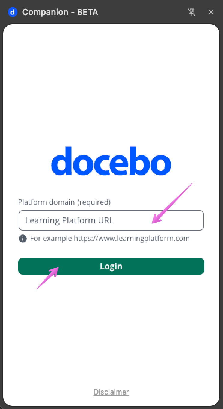 Inserting the learning platform URL and pressing the Login button