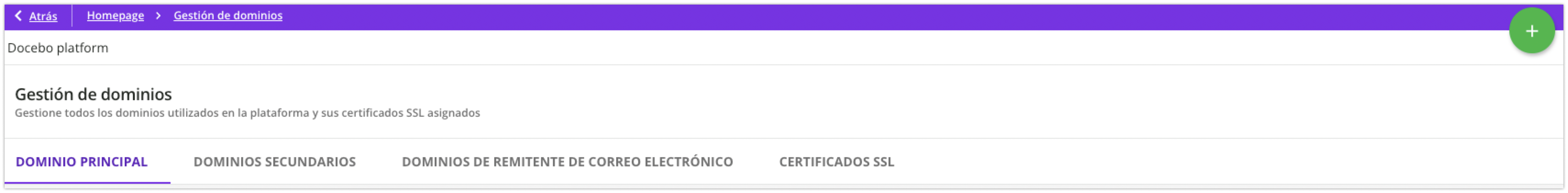 Página principal de Gestión de dominios