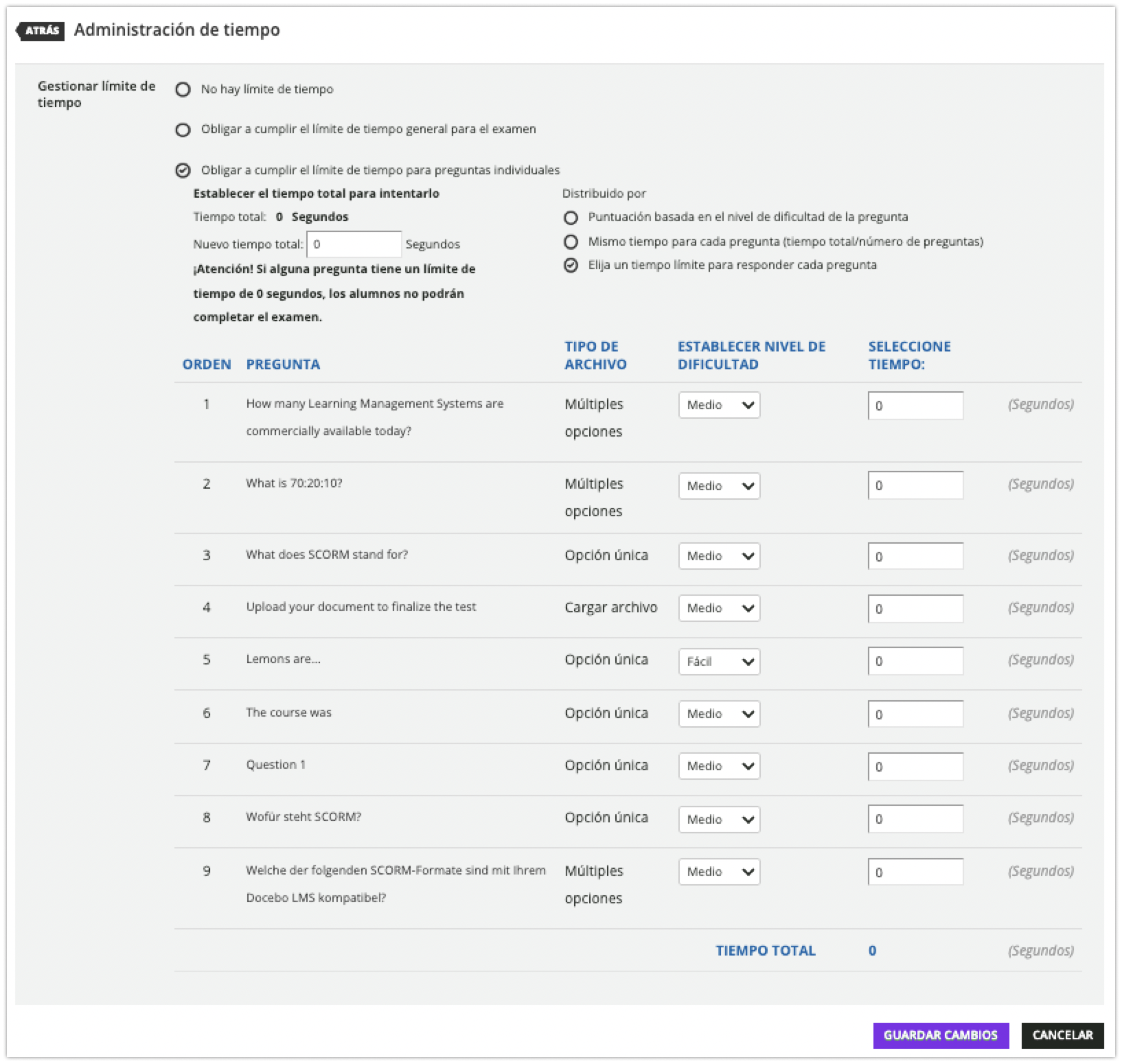 Opciones de tiempo para cada pregunta individual