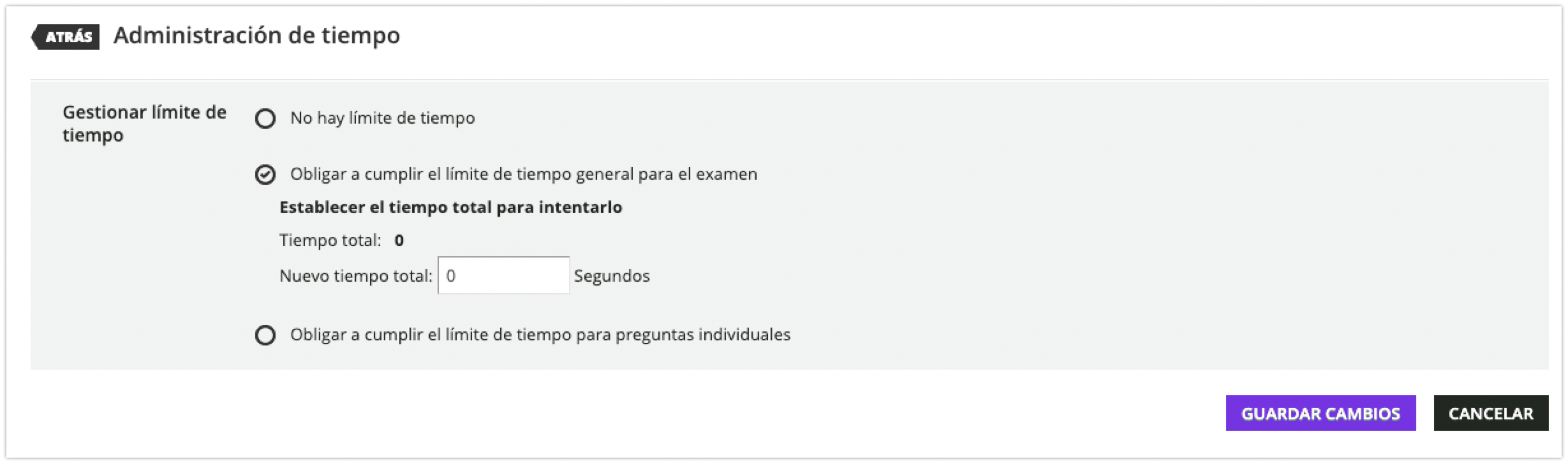 Opción de tiempo general para el examen