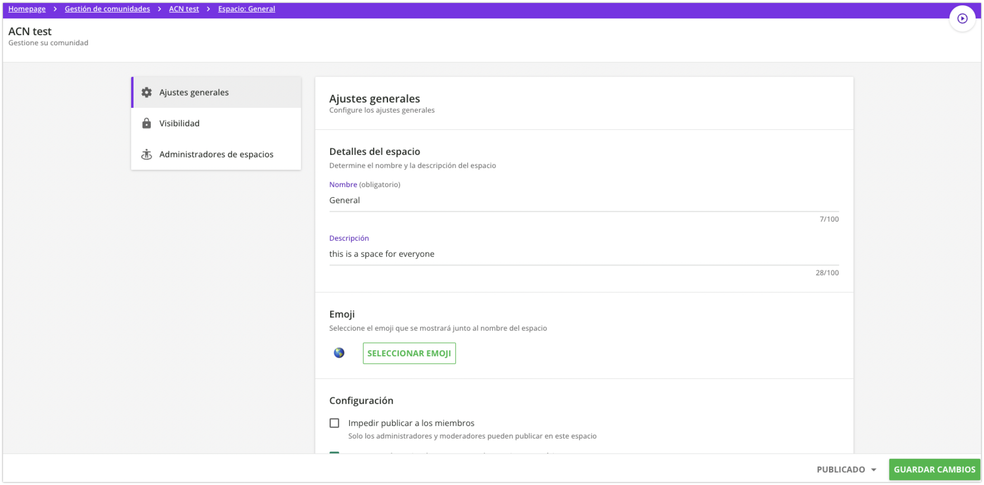 Ajustes generales de un espacio