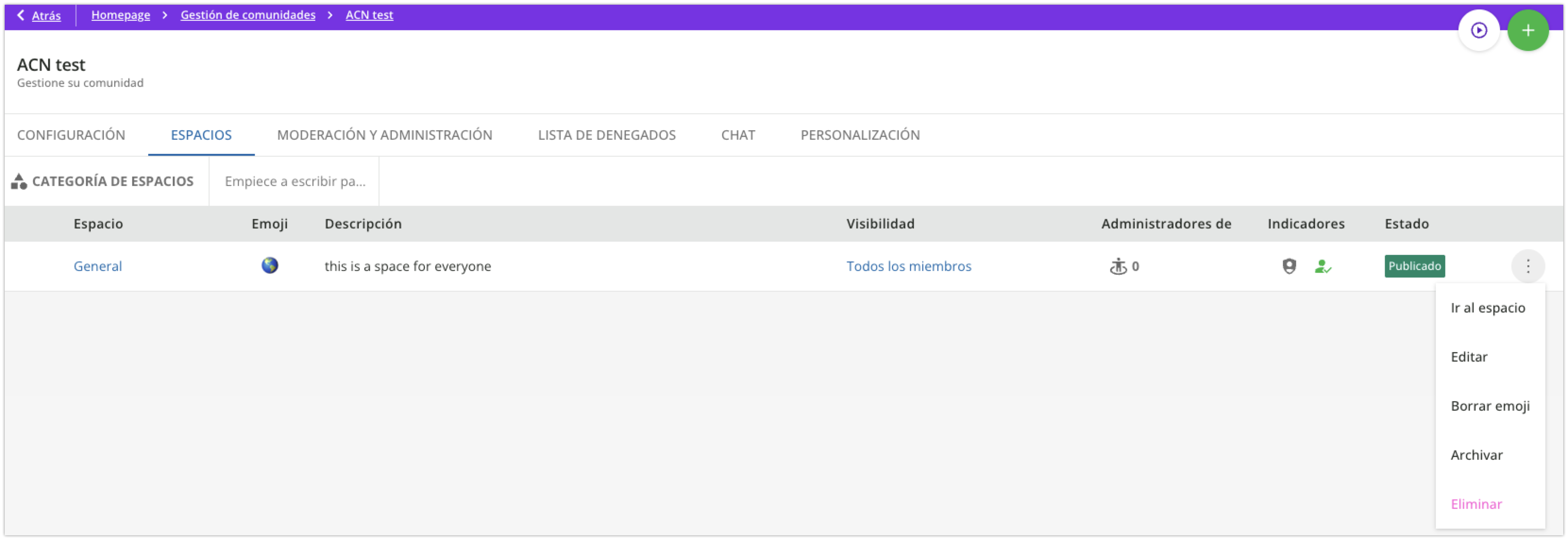 Opciones de los espacios