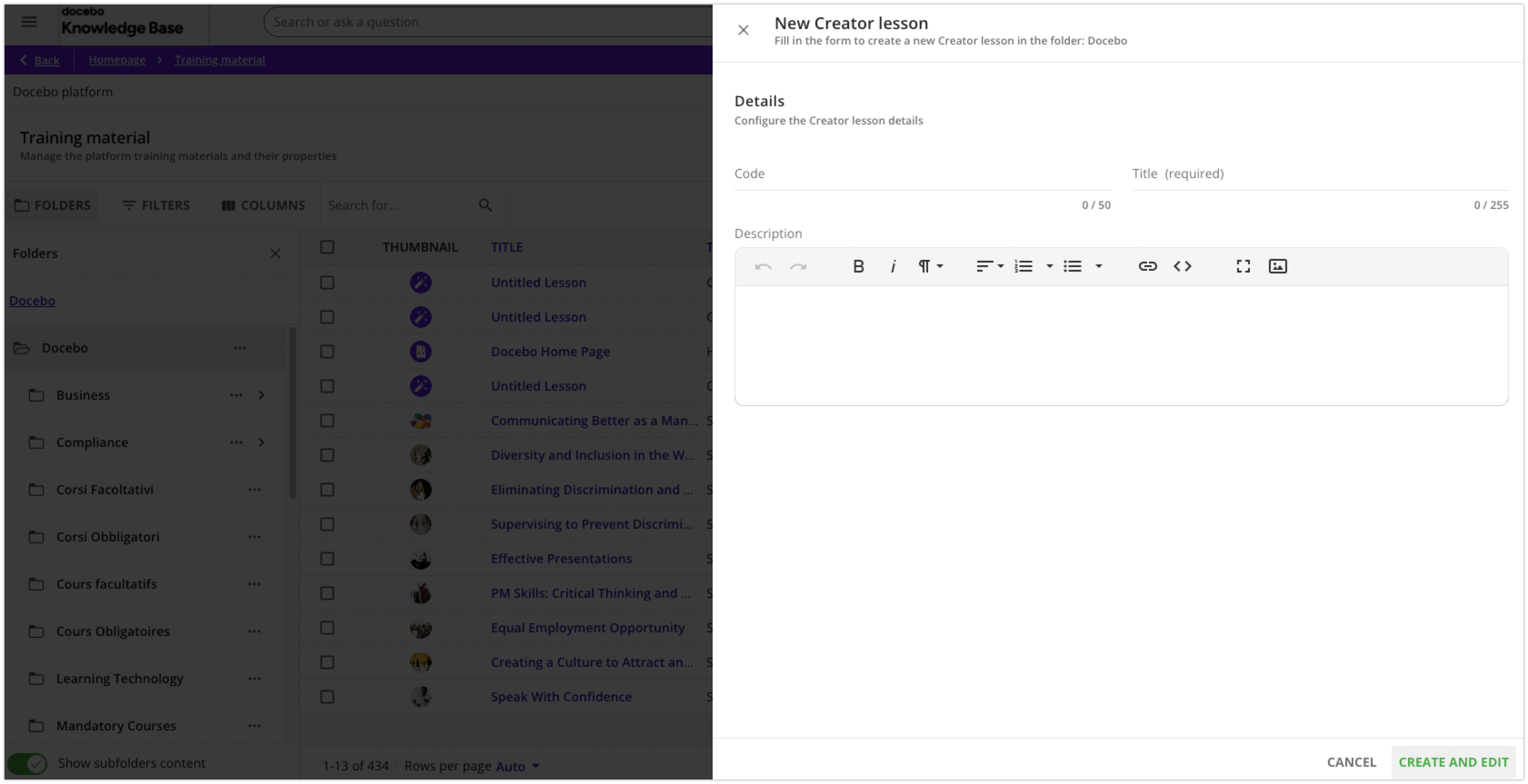 New Creator lesson in the Training material page