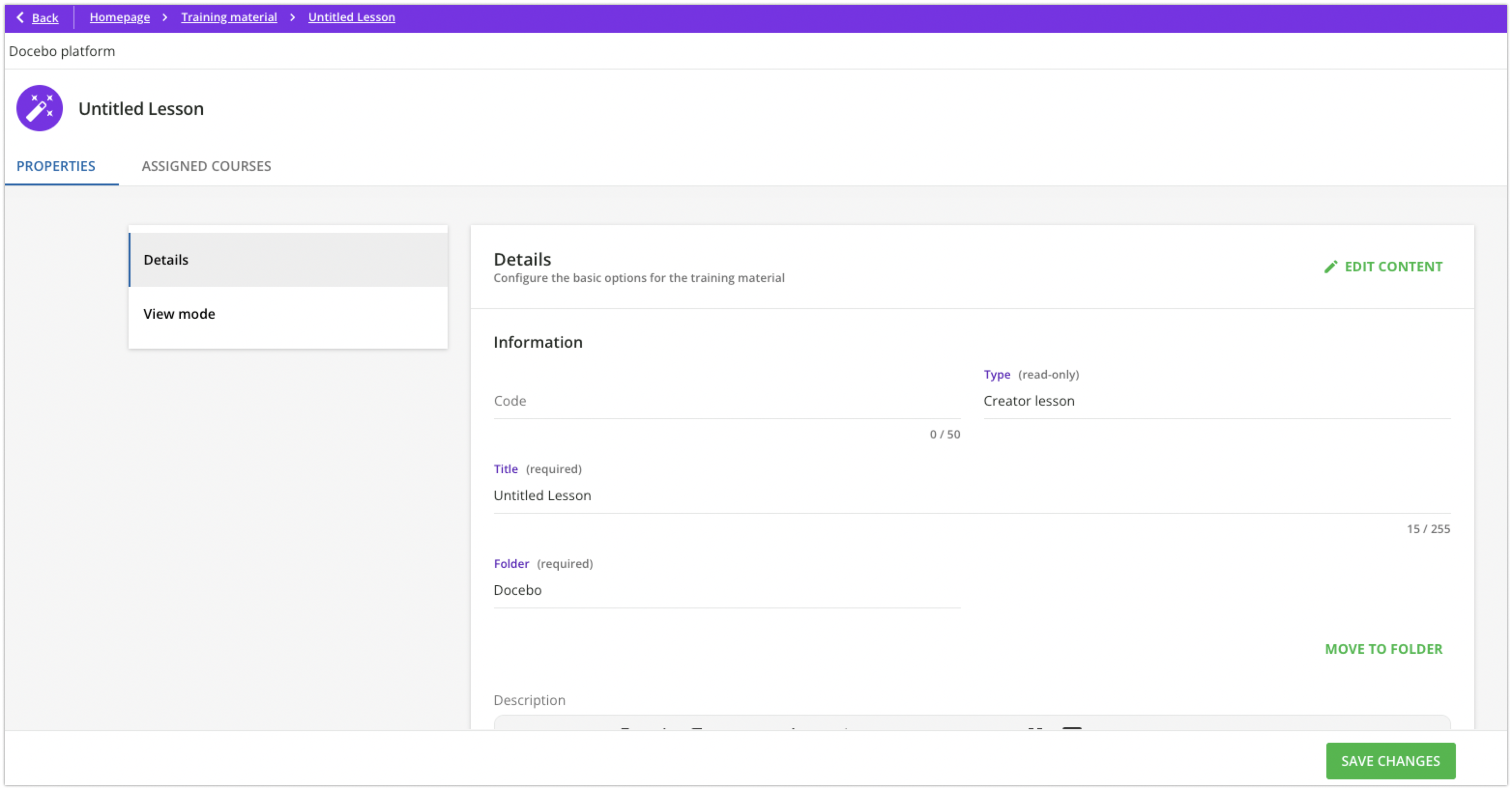 Edit mode of Creator lessons in the Training material page