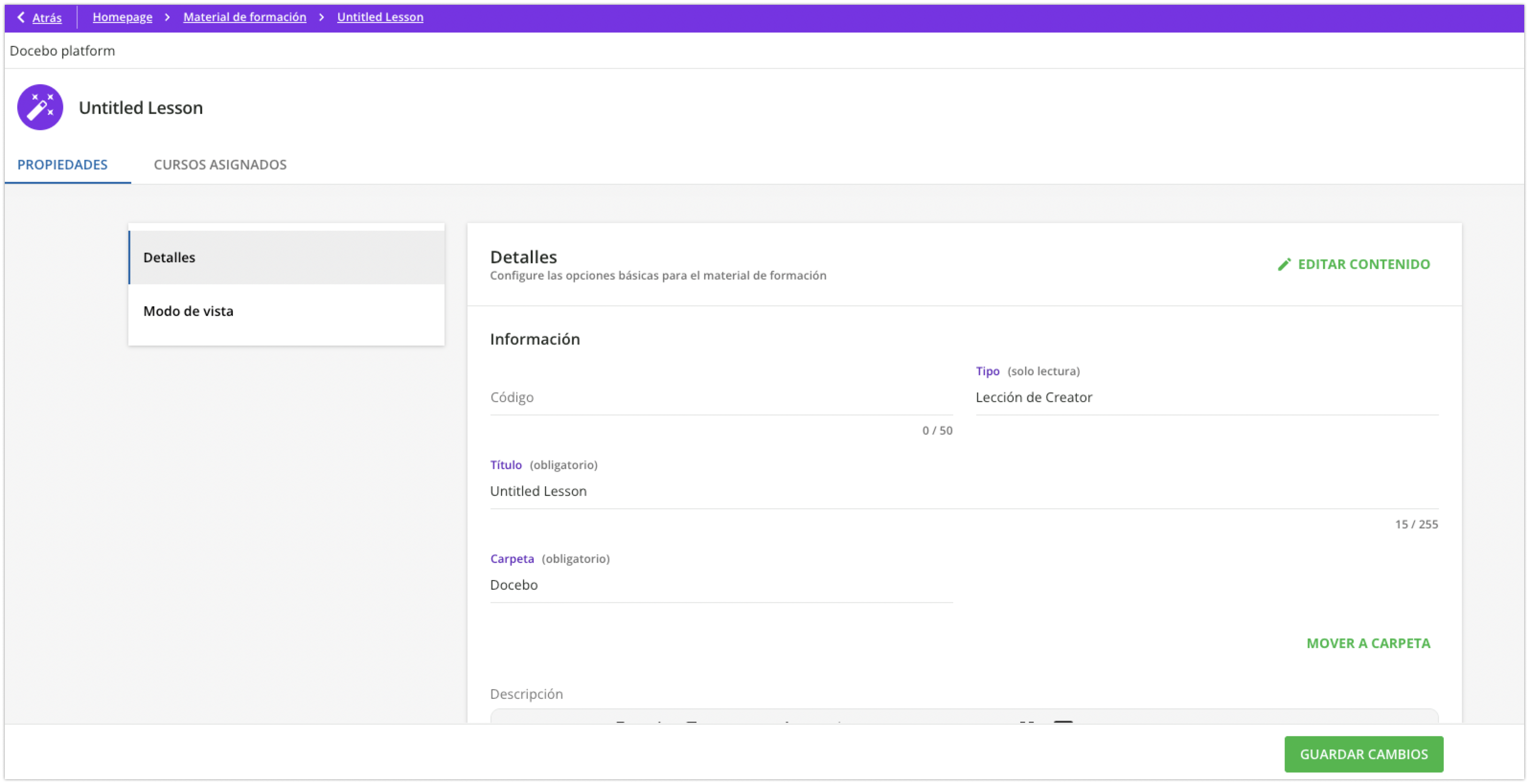 Área de edición de una lección de Creator