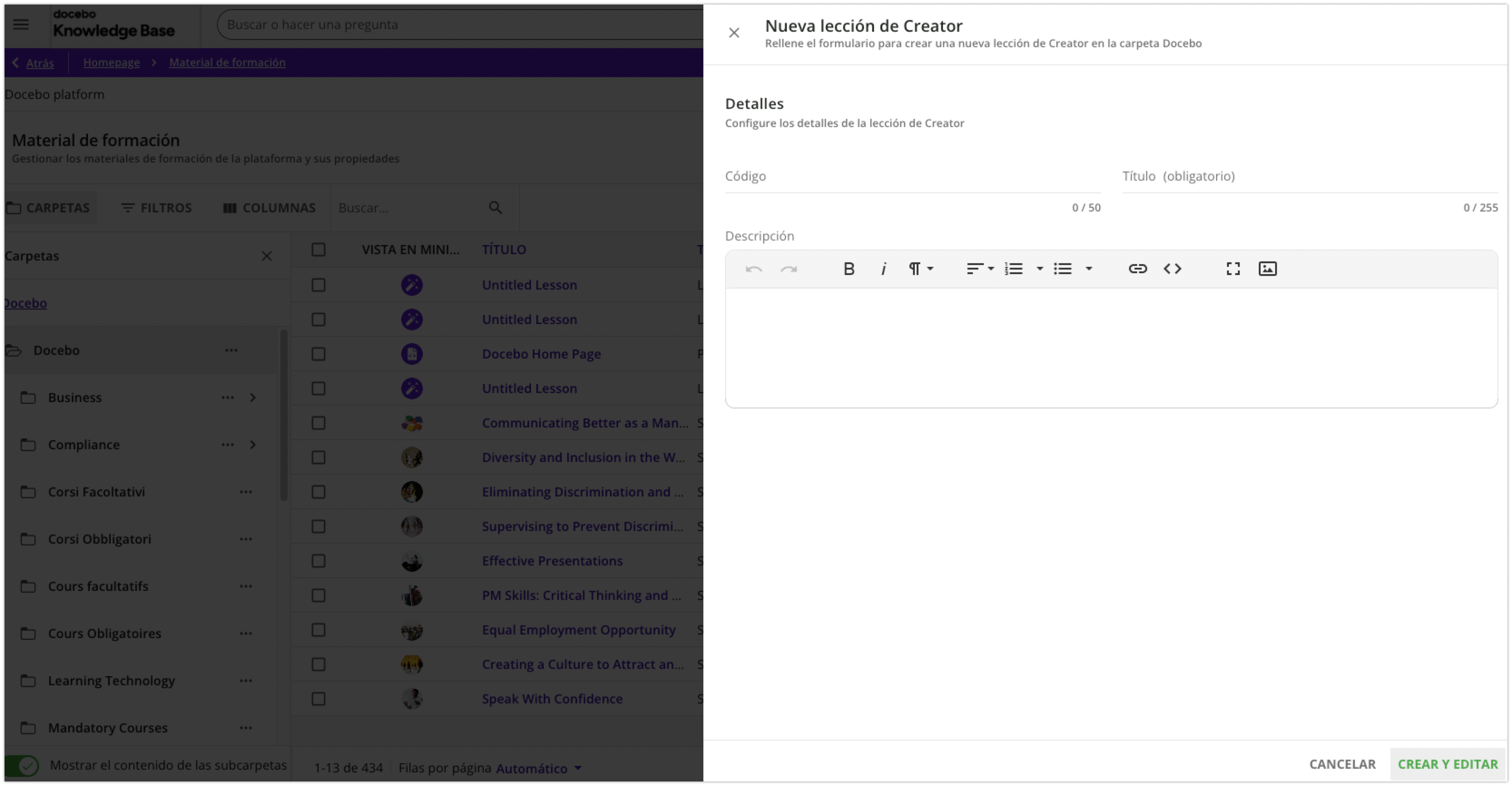 Lección de Creator en Material de formación