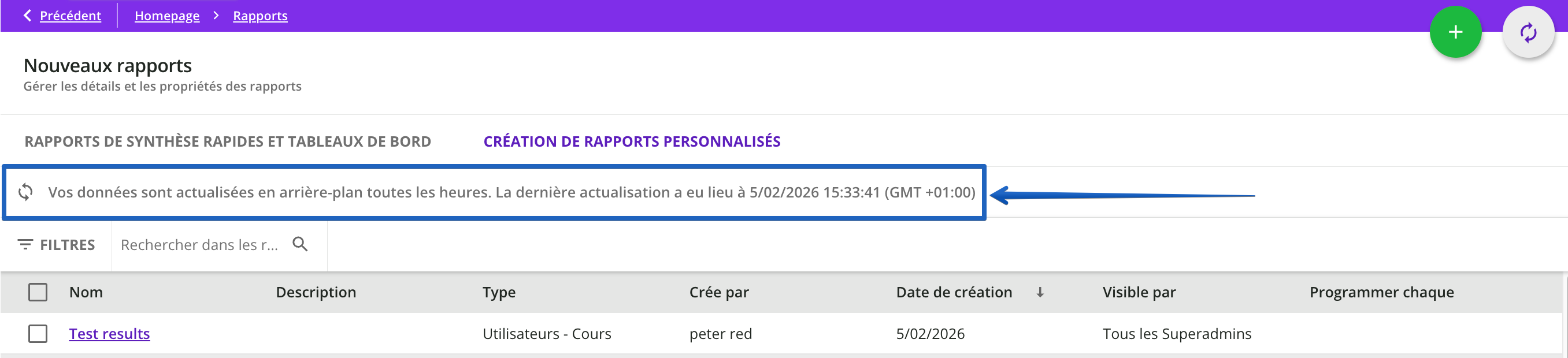Bannière sur l’actualisation des données du menu Rapports.