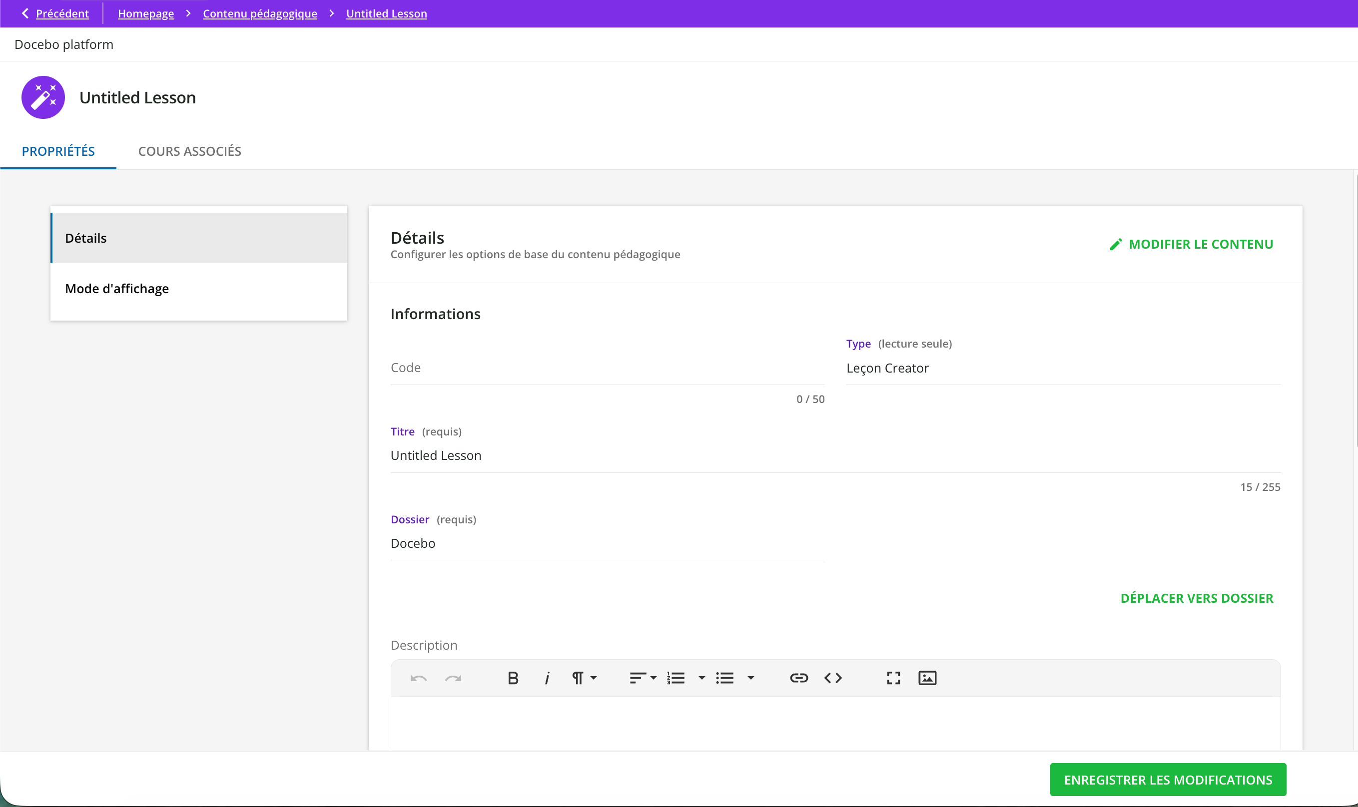 Mode modification des leçons Creator sur la page Contenu pédagogique.