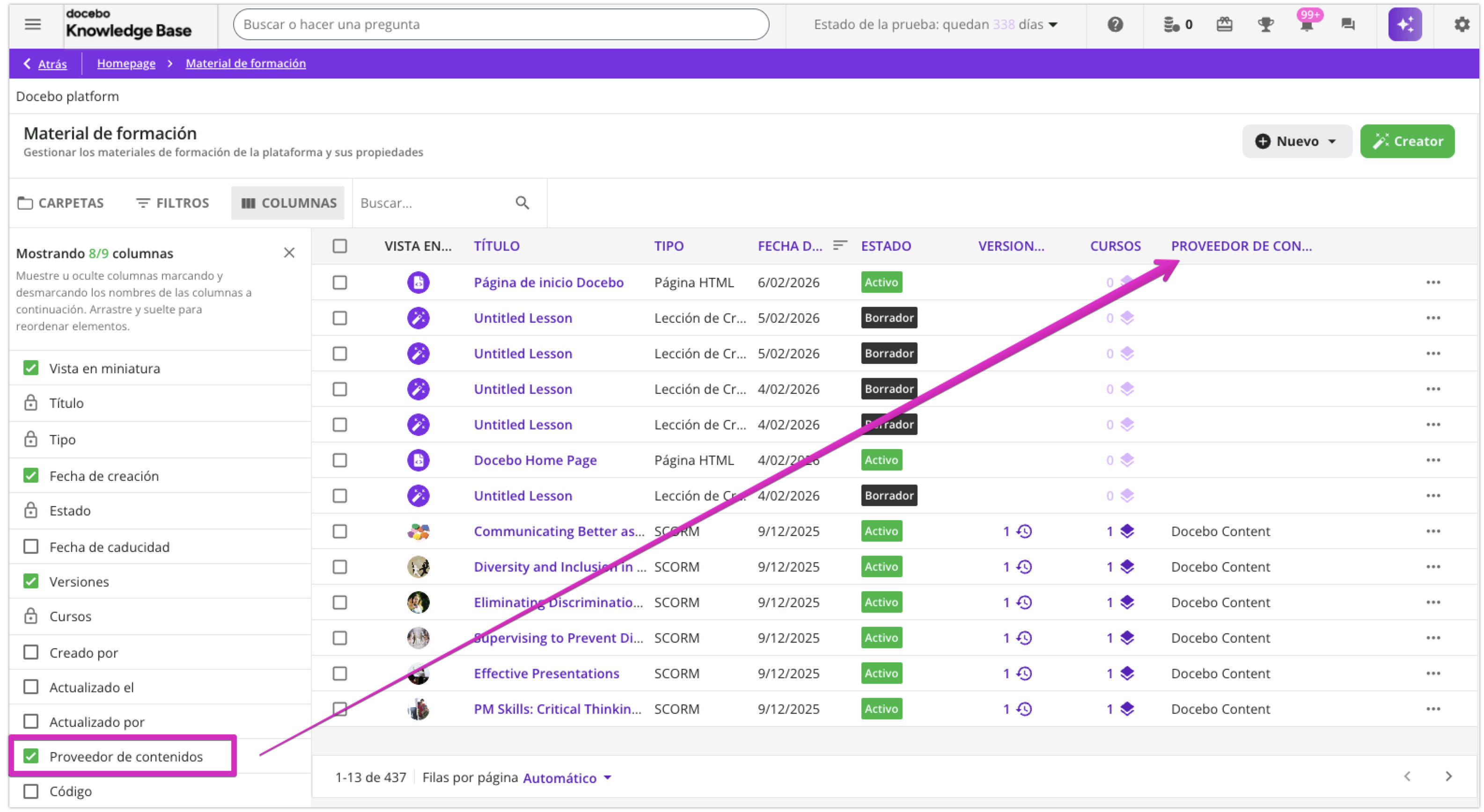 Columna Proveedor de contenidos