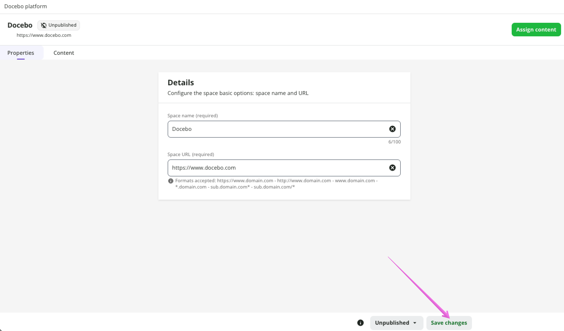 Pressing Save changes